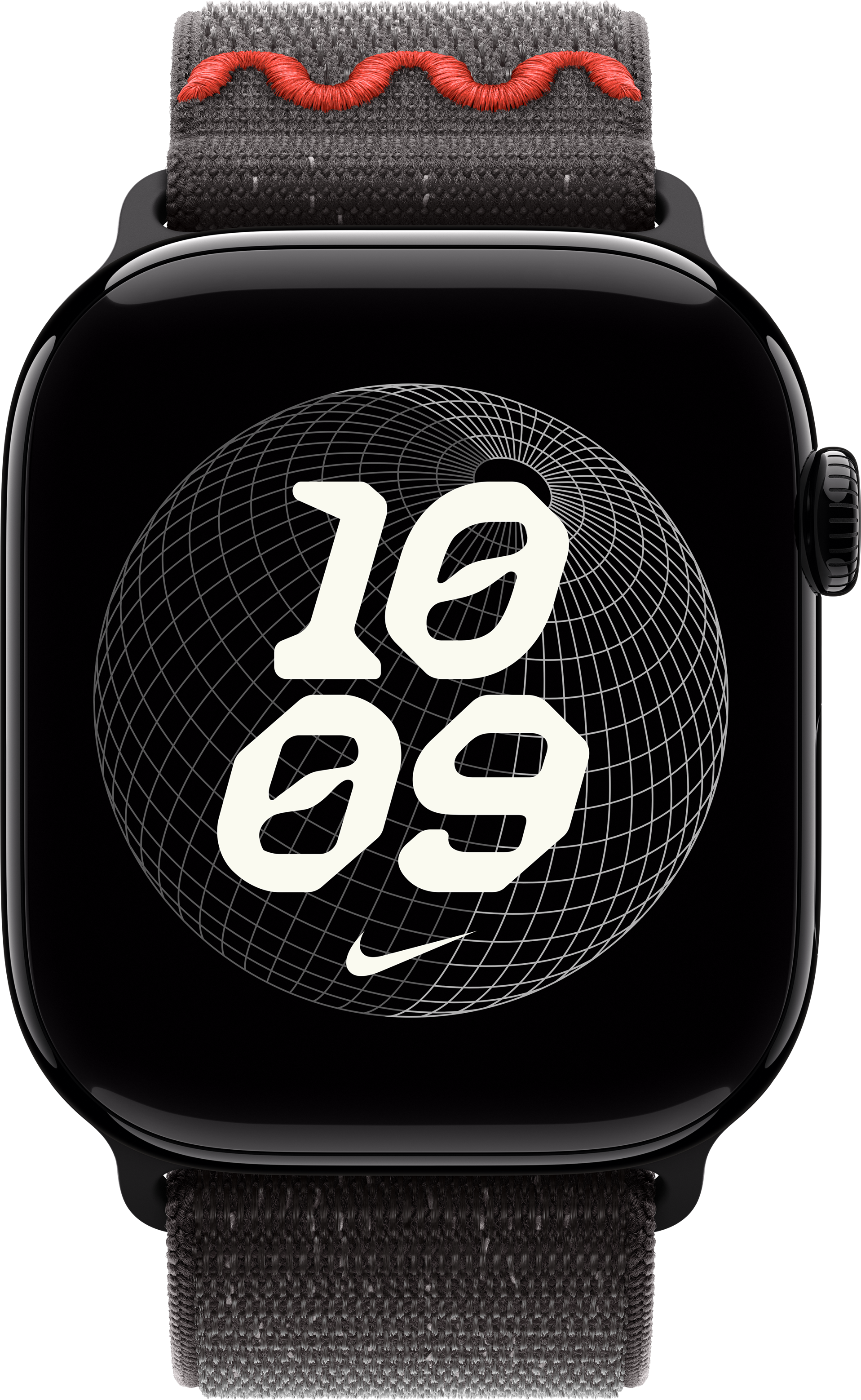 Apple Watch noire avec cadran Nike. Bracelet gris avec coutures rouges. L'heure affichée est 10h09. Logo Nike en bas.