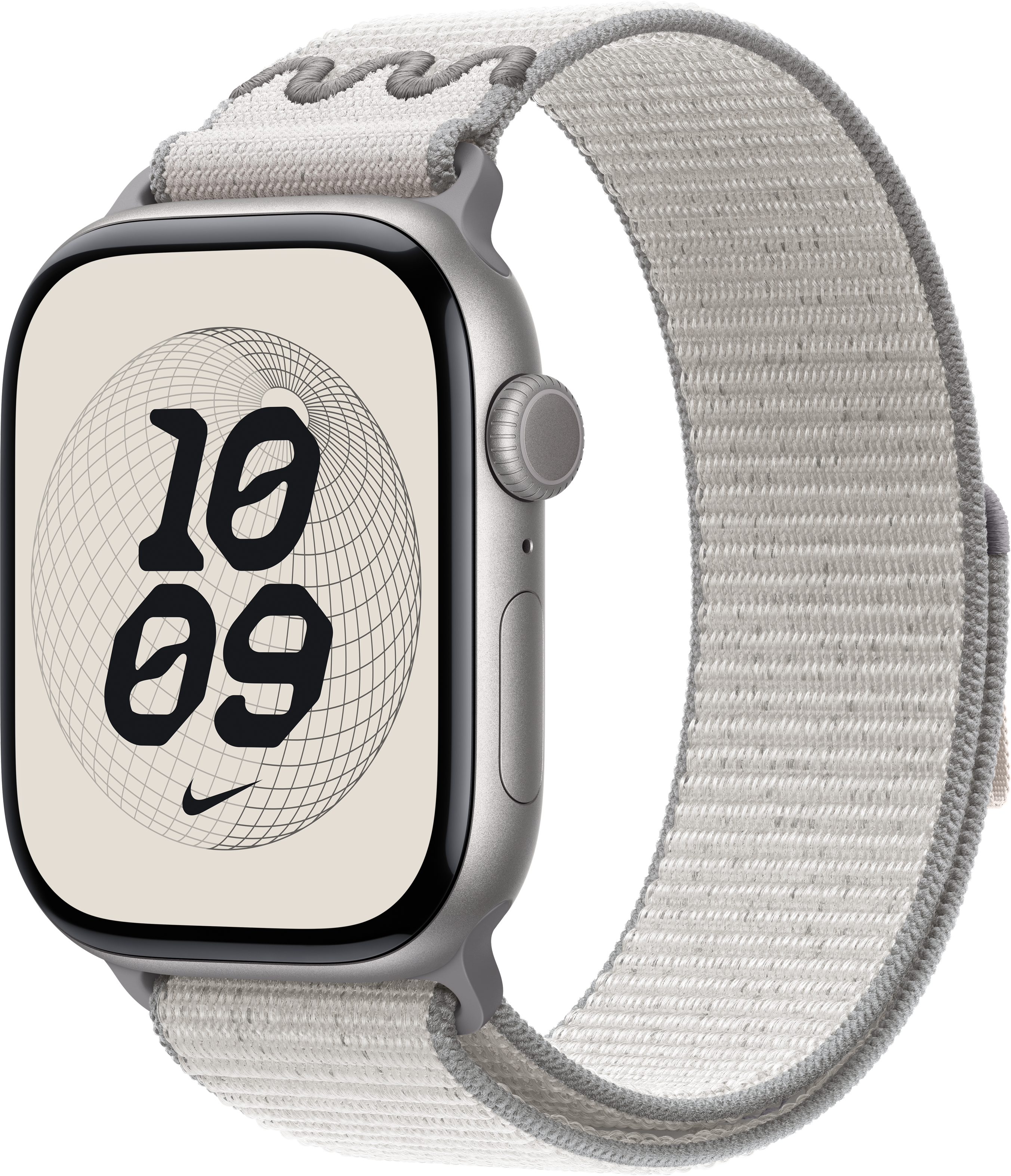 Silberne Apple Watch mit grauem Nike-Armband. Das Zifferblatt zeigt die Uhrzeit 10:09 und ein Nike-Logo.