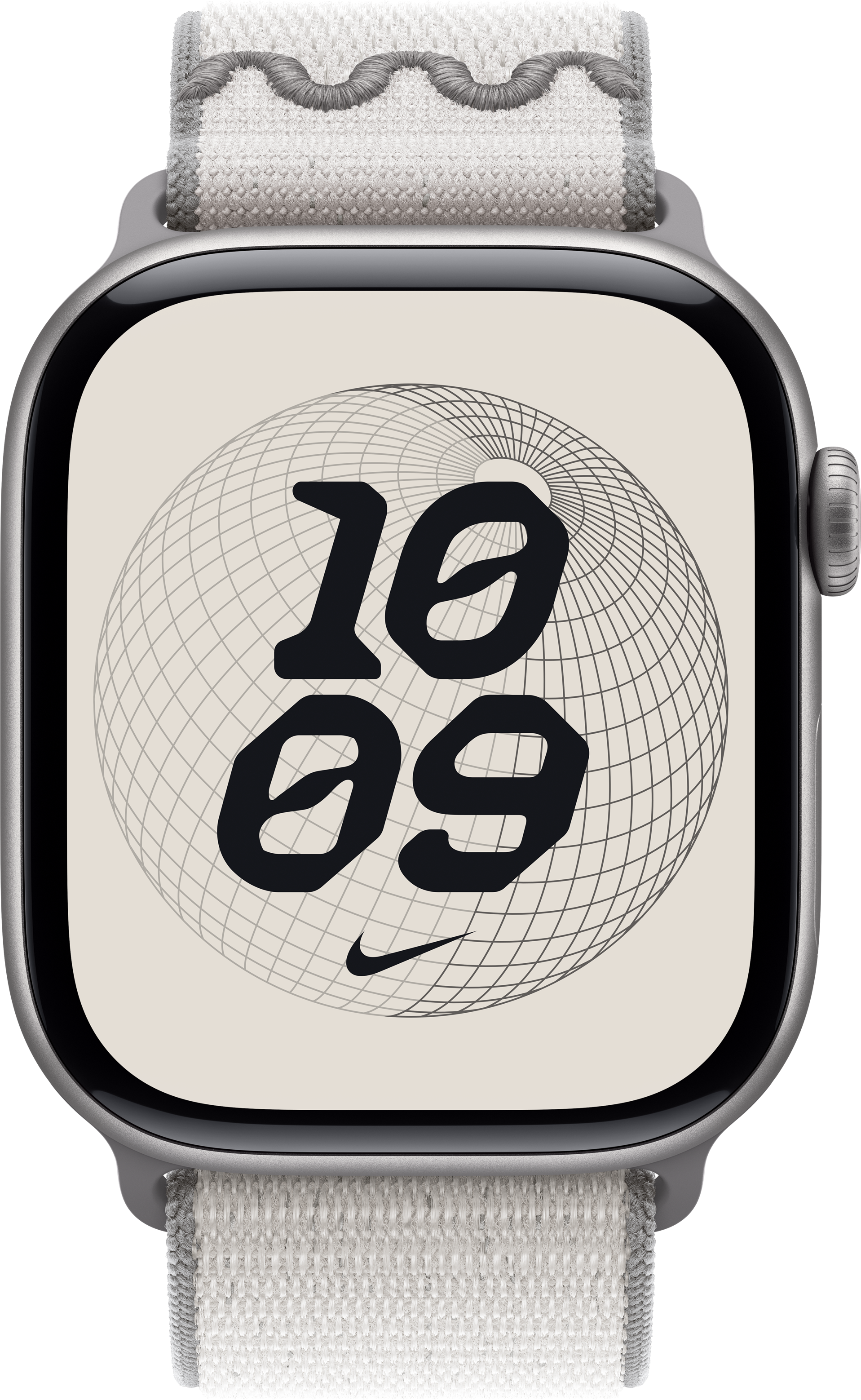 Silberne Apple Watch mit cremefarbenem Zifferblatt, das '10 09' und ein Nike-Logo zeigt. Die Uhr hat ein weißes Armband.