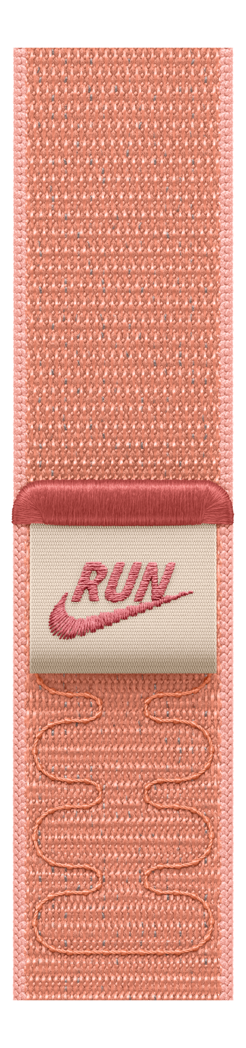 Sangle en tissu pêche avec 'RUN' brodé et logo Nike sur étiquette. Détails de couture et boucles décoratives.