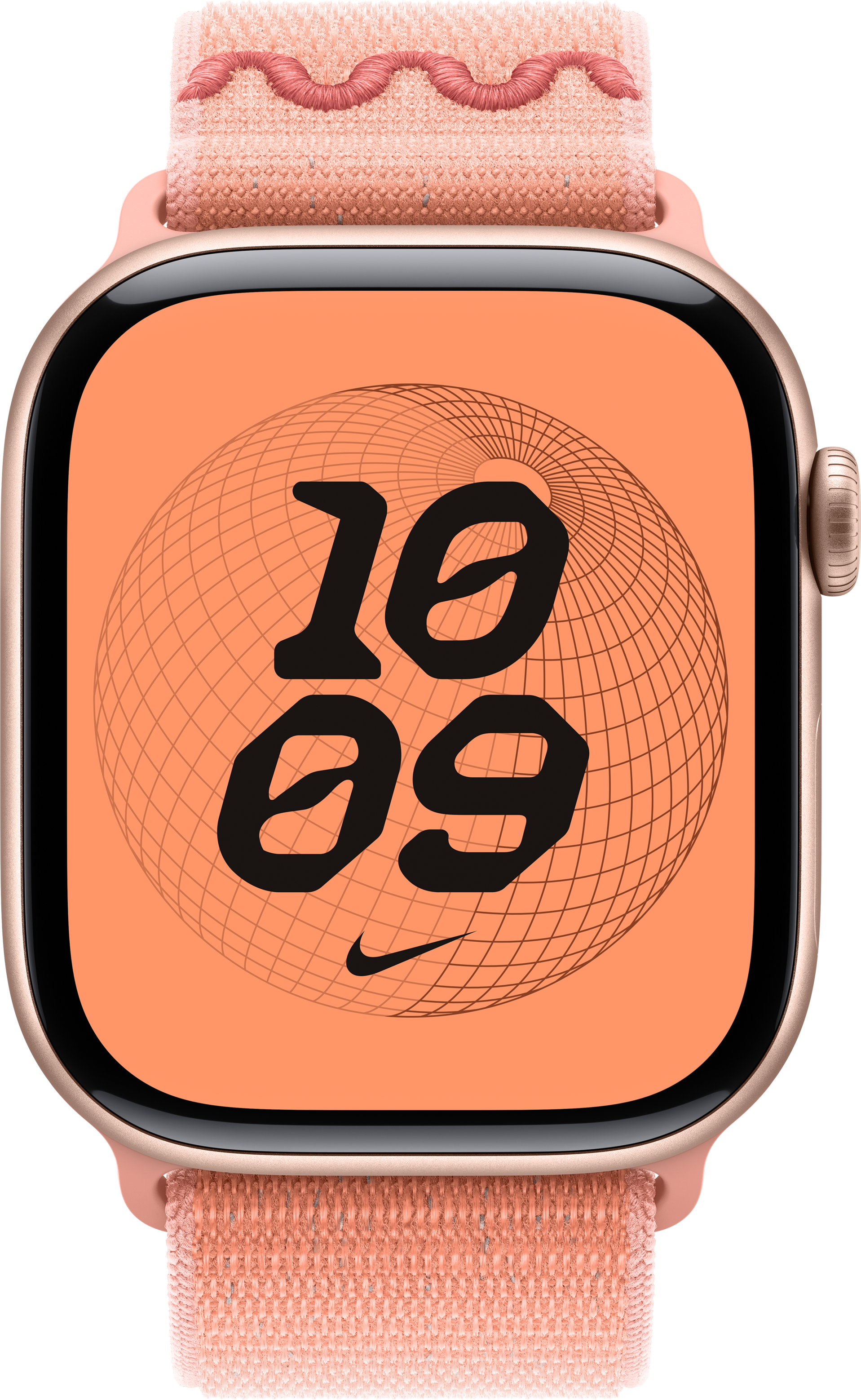 Apple Watch avec bracelet pêche. Le cadran affiche l'heure, un logo Nike et une sphère en grille.