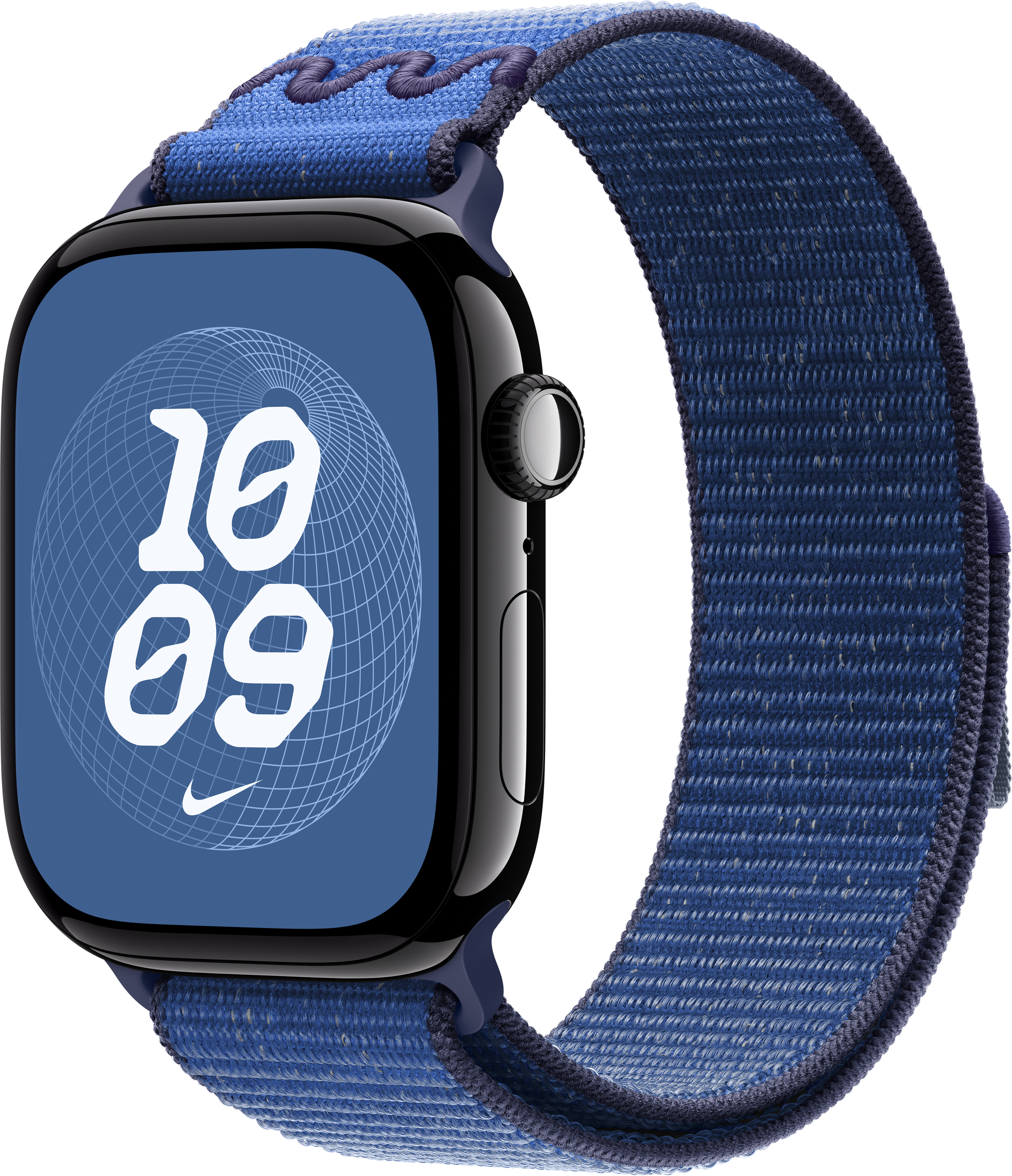 Une Apple Watch bleue avec un bracelet tissé bleu. L'écran affiche l'heure 10:09 et un logo Nike.