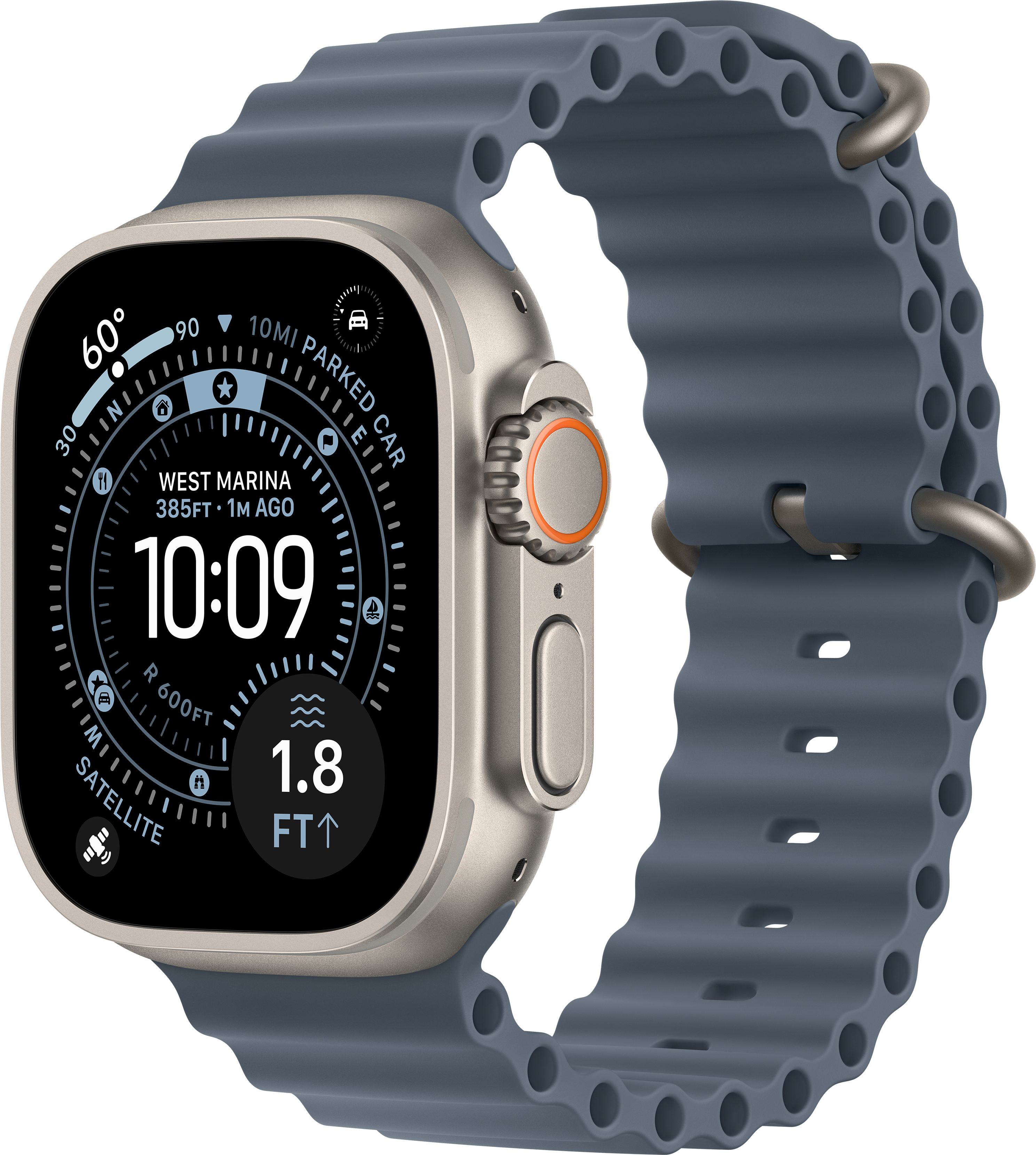 Gros plan d'une montre intelligente avec un bracelet bleu. L'écran affiche l'heure et des informations de localisation.