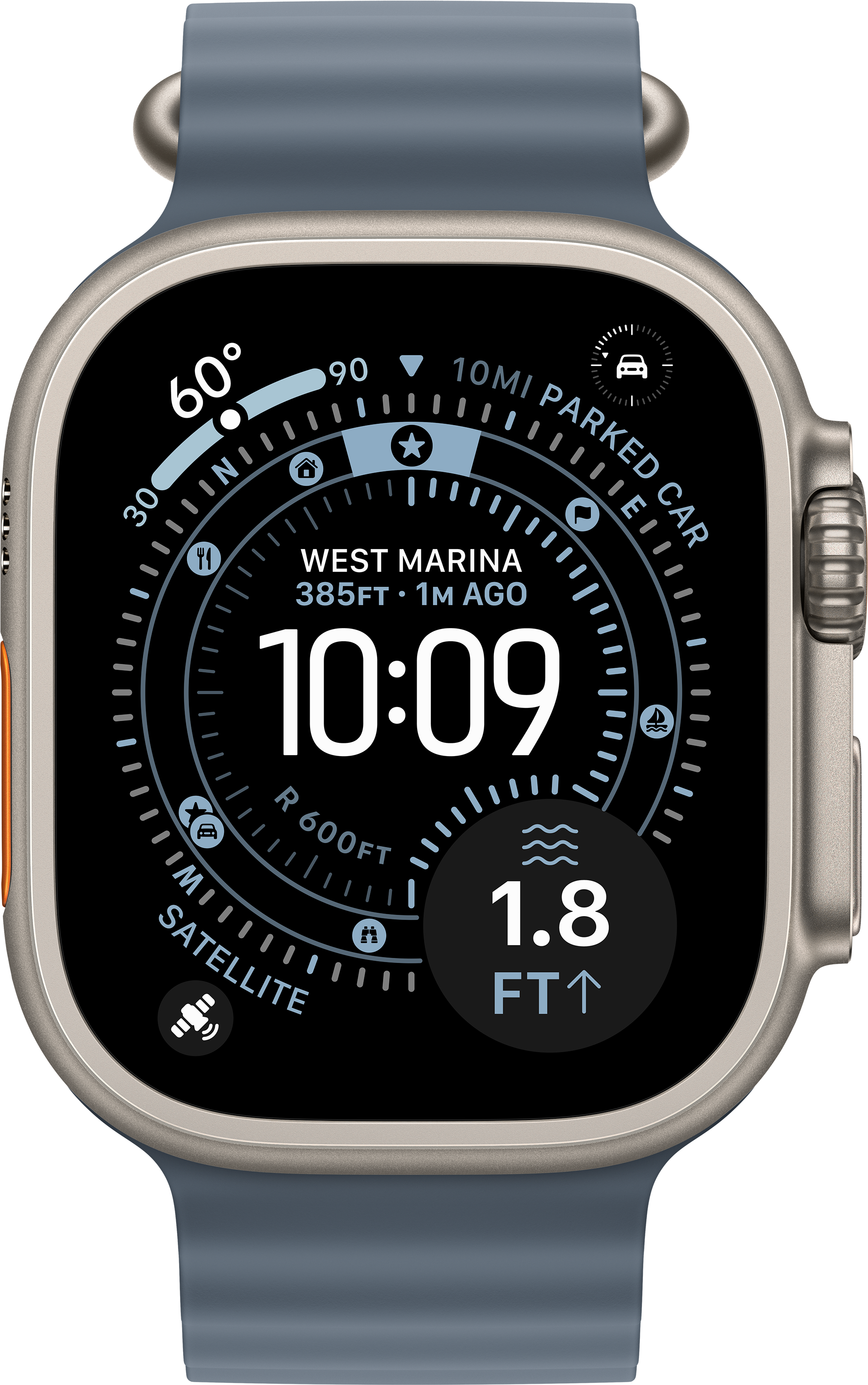 Une montre intelligente affiche l'heure, l'emplacement et d'autres données. Elle a un bracelet bleu et un boîtier argenté. L'heure est 10:09.