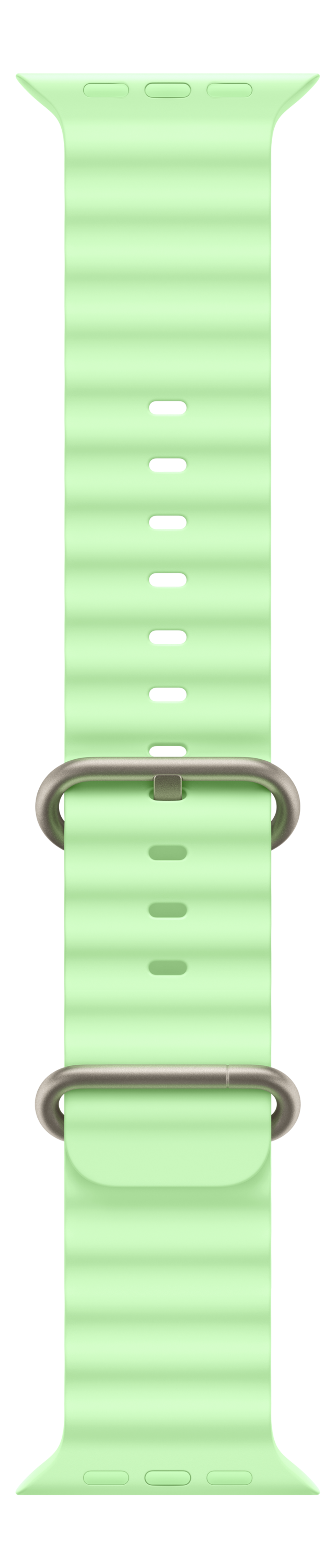 Un bracelet Apple Watch vert clair avec fermoir argenté sur fond noir.