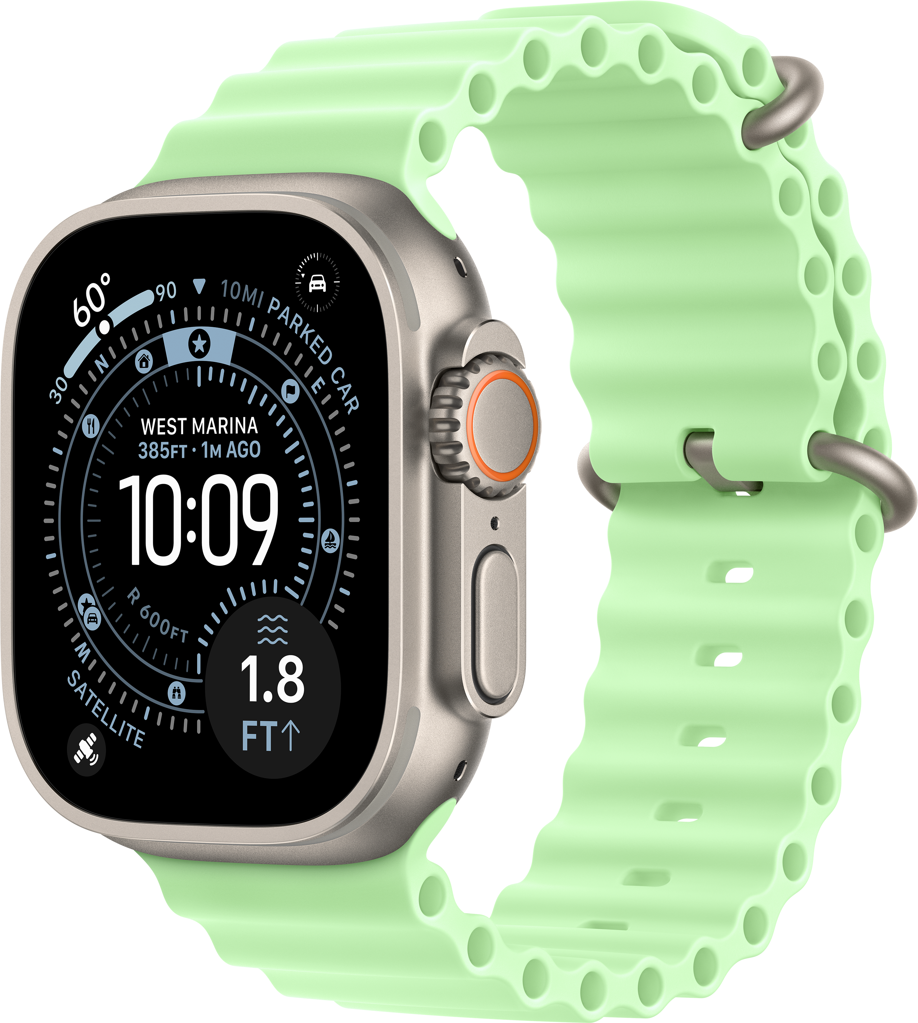 Une Apple Watch avec un bracelet vert clair affiche l'heure 10:09. Elle montre les informations de West Marina et d'autres données.