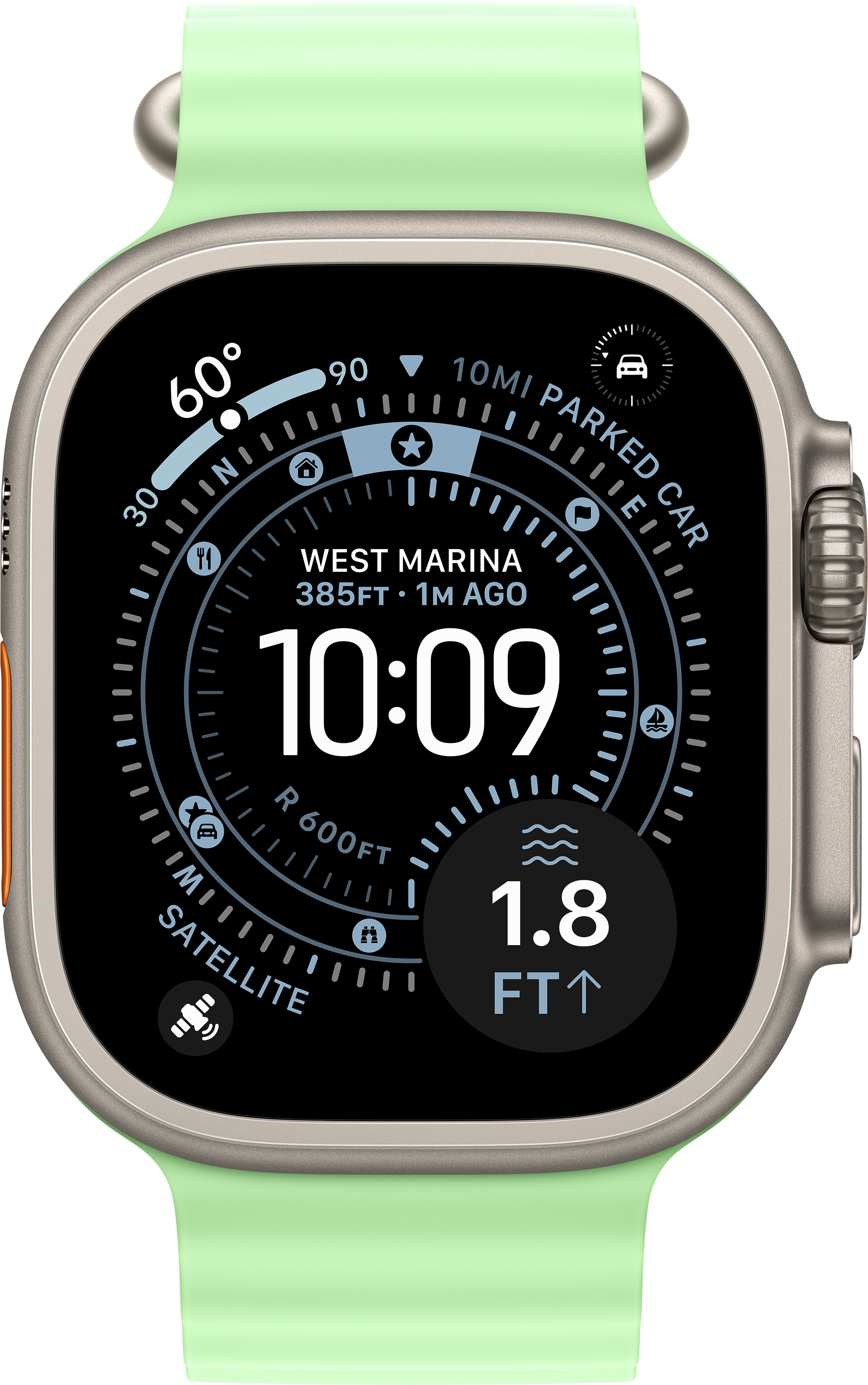 Une Apple Watch affiche 10h09, avec un bracelet vert clair et un boîtier argenté. L'écran affiche des données de localisation et d'altitude.