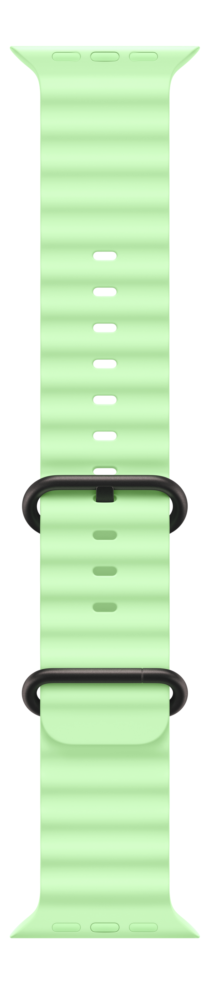 Un bracelet Apple Watch vert clair avec des fermoirs noirs. Le bracelet a plusieurs trous pour l'ajustement.
