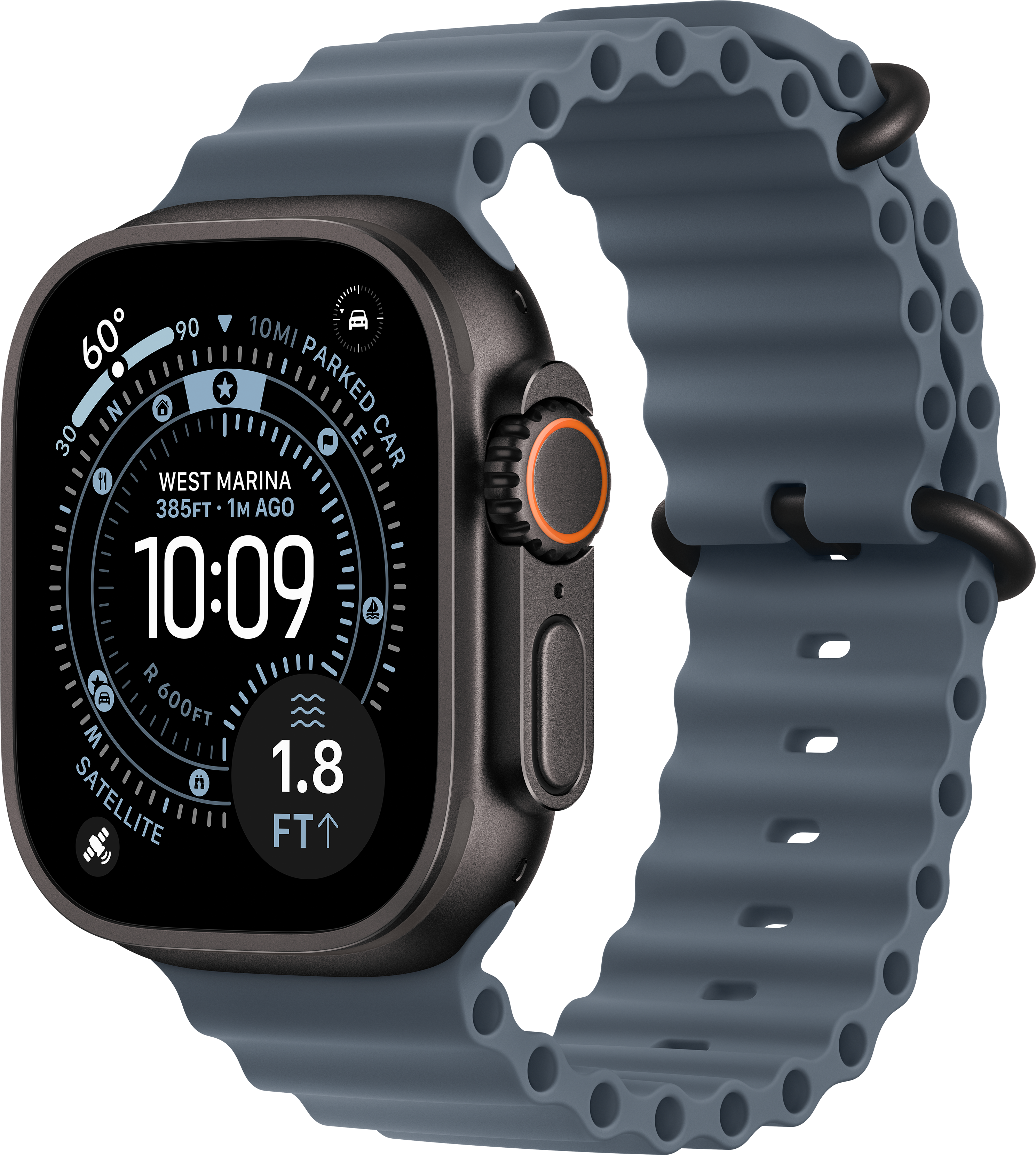 Eine dunkelgraue Smartwatch zeigt die Uhrzeit 10:09. Sie hat ein graues Armband mit kreisförmigen Löchern und ein oranges Zifferblatt.