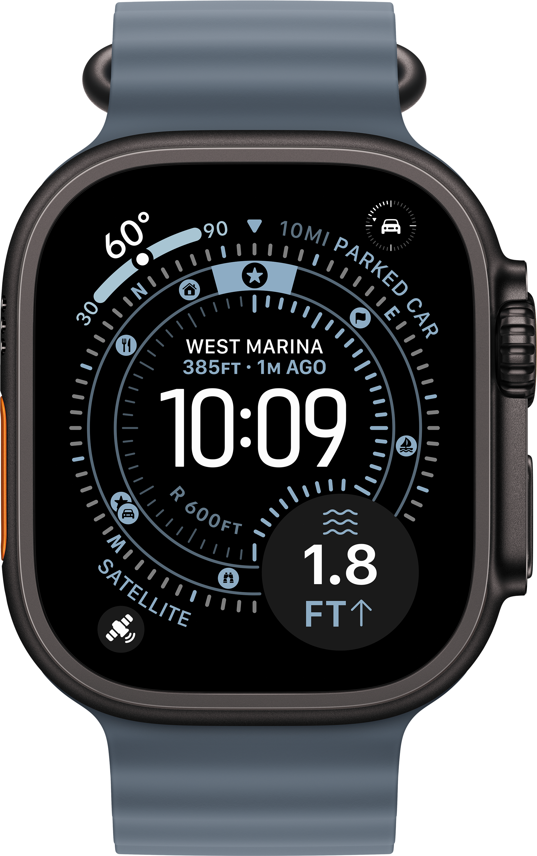 Eine Smartwatch zeigt Zeit, Standort und Höhe an. Die Uhr hat ein dunkelgraues Gehäuse und ein blaues Armband.