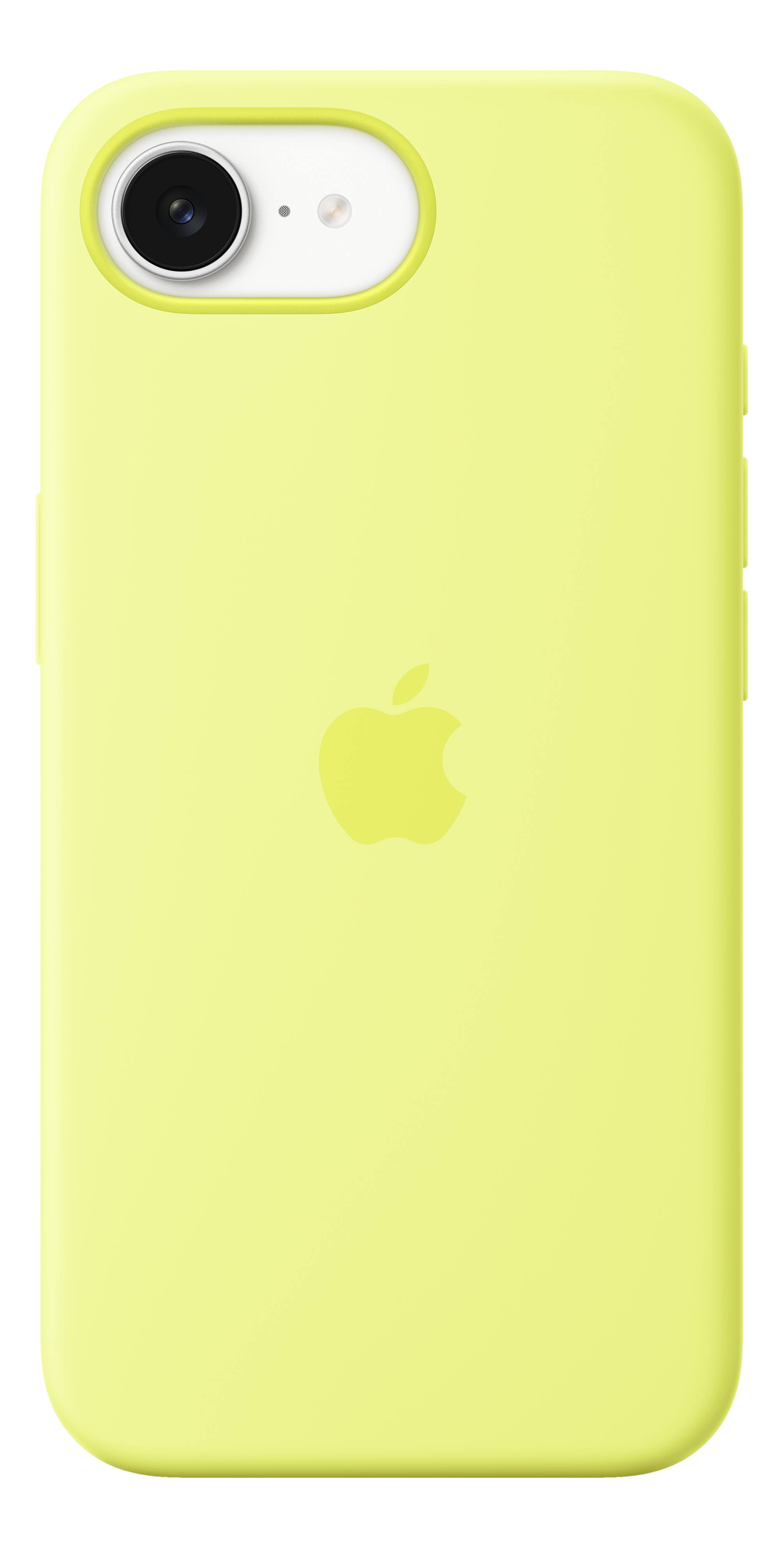 Une coque de téléphone jaune pâle avec le logo Apple. L'appareil photo est en haut à gauche.