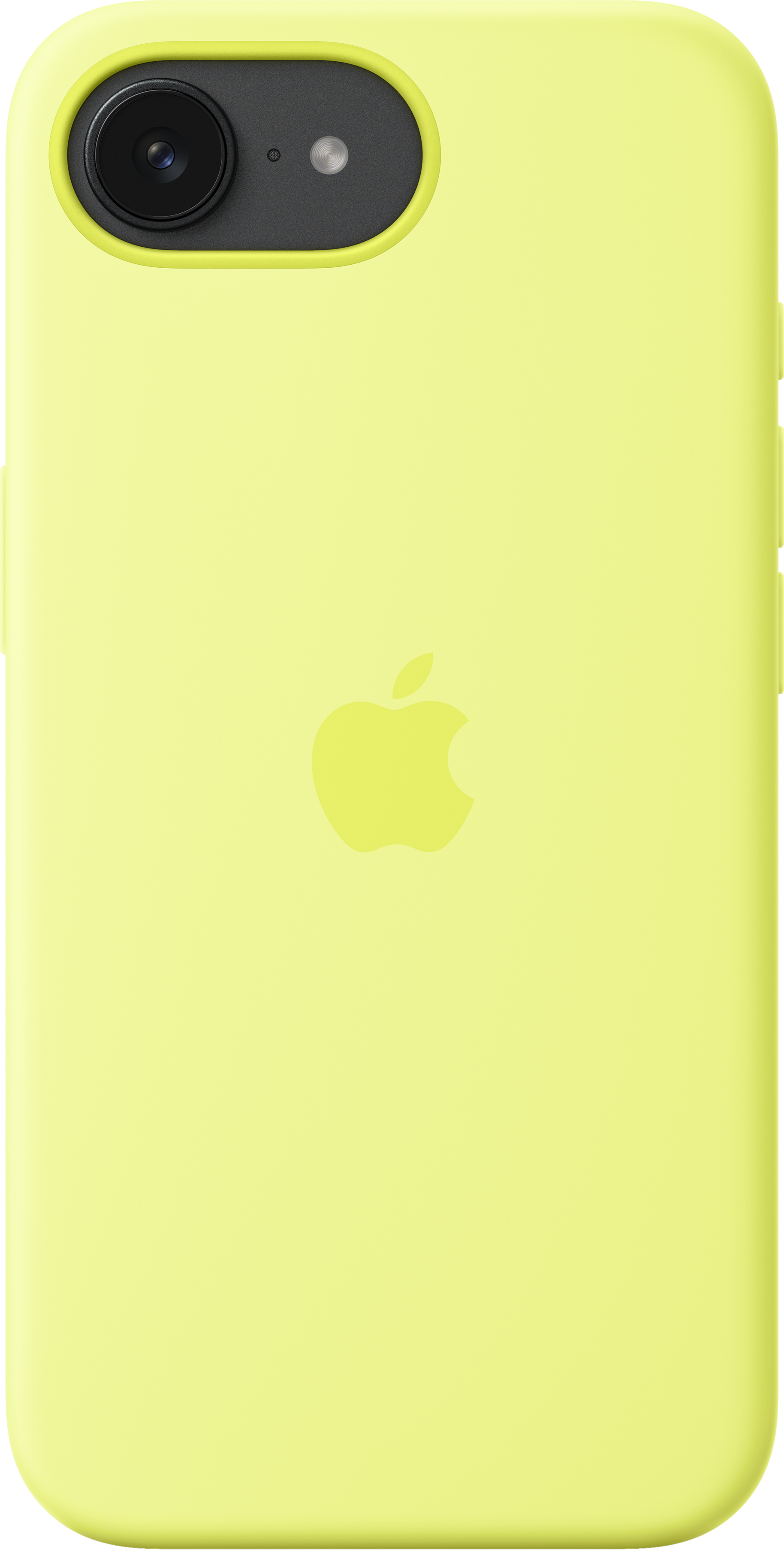 Une coque d'iPhone jaune clair. Elle présente une découpe pour l'appareil photo en haut et le logo Apple.