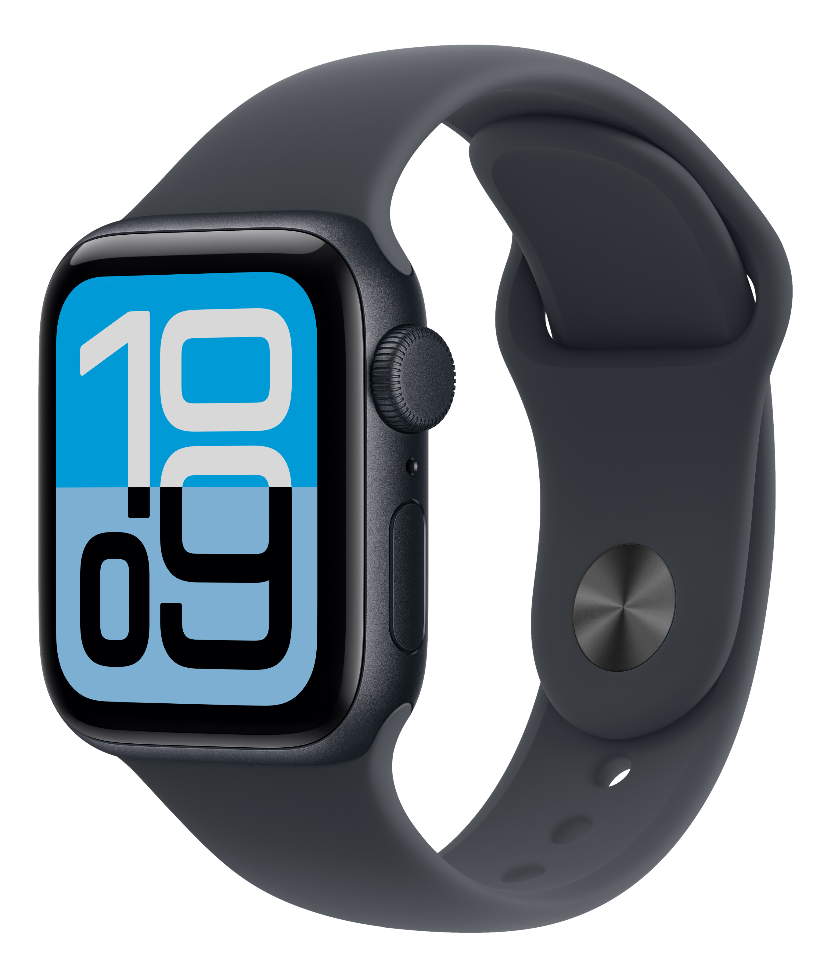 Dunkelgraue Apple Watch mit blauem Bildschirm, der 10:09 anzeigt. Das Armband ist ebenfalls dunkelgrau.