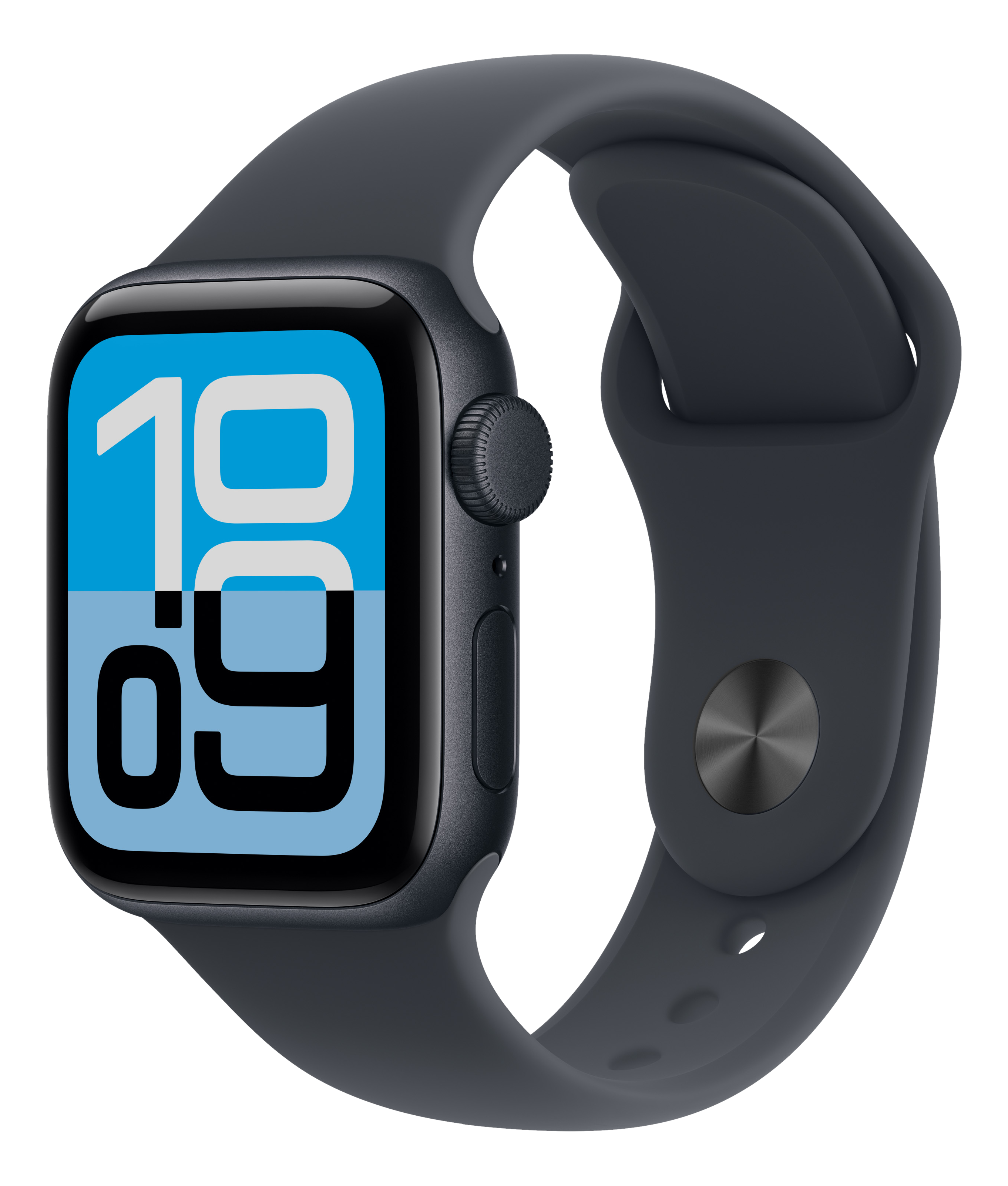Eine dunkelgraue Apple Watch zeigt 10:09 auf blauem Bildschirm. Die Uhr befindet sich auf dunklem Hintergrund.