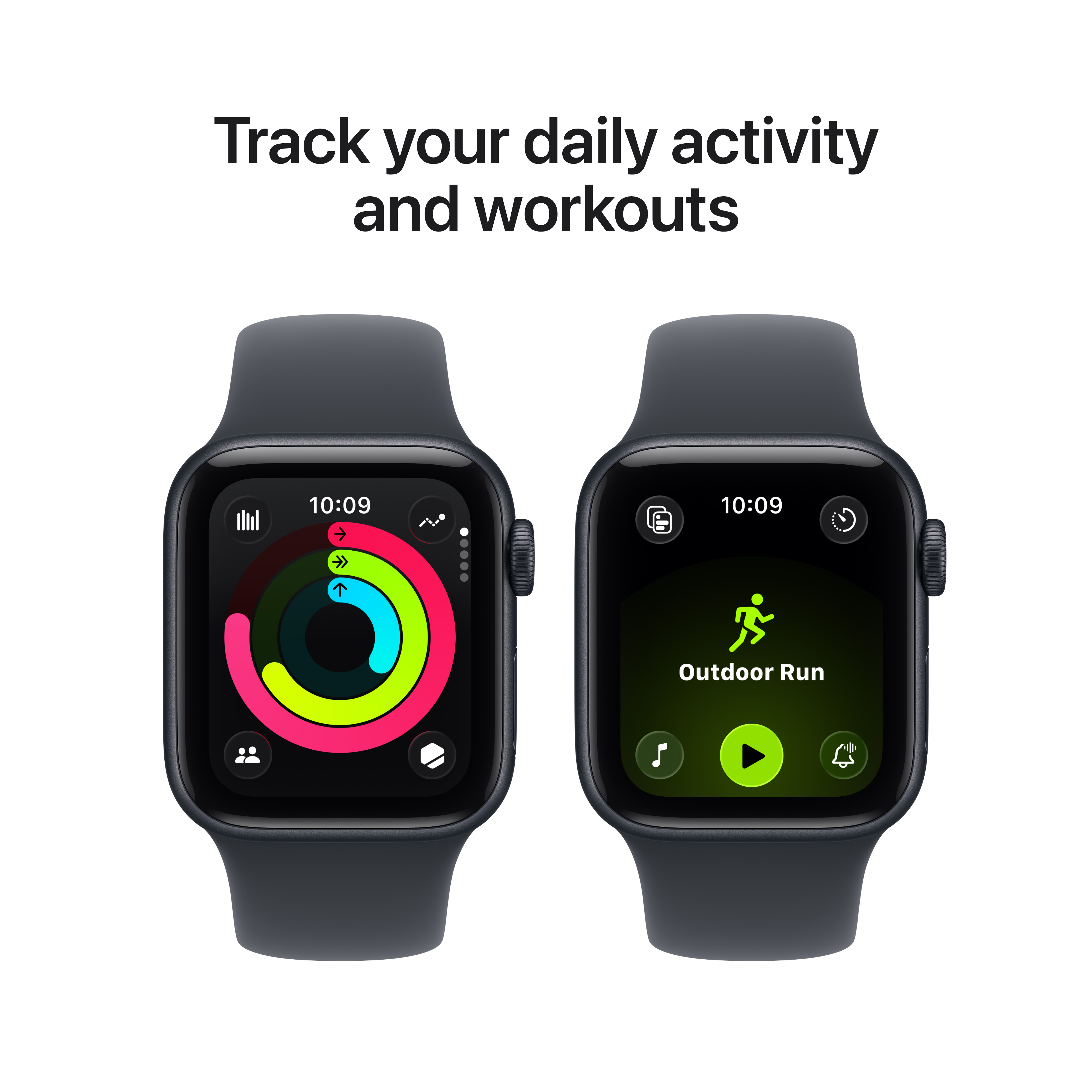 Zwei Smartwatches zeigen Aktivitätsverfolgung und Trainingsoptionen. Weißer Hintergrund mit Text: Verfolgen Sie Ihre tägliche Aktivität.
