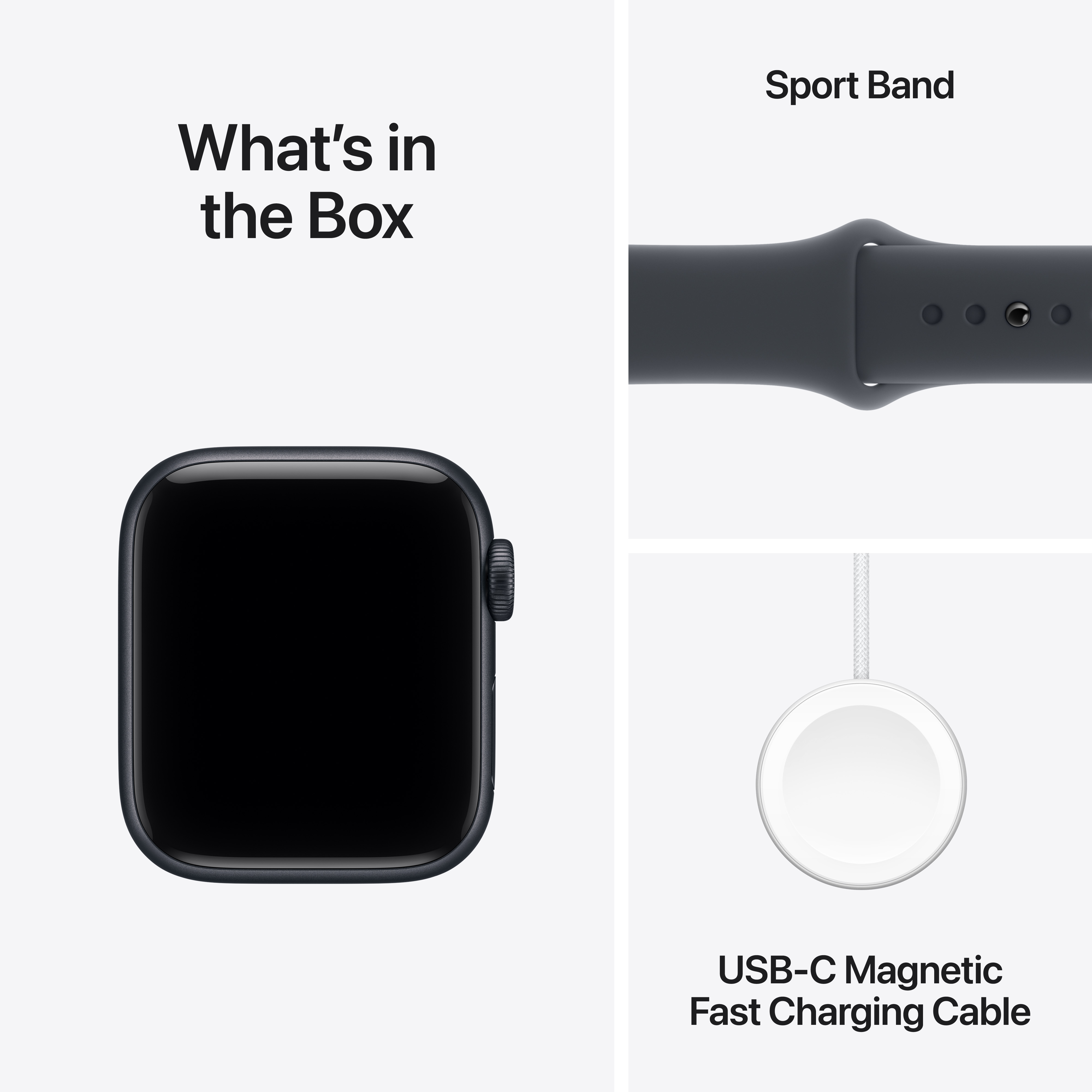 Das Bild zeigt den Inhalt der Box: Apple Watch, Sportarmband und USB-C-Magnet-Schnellladekabel.