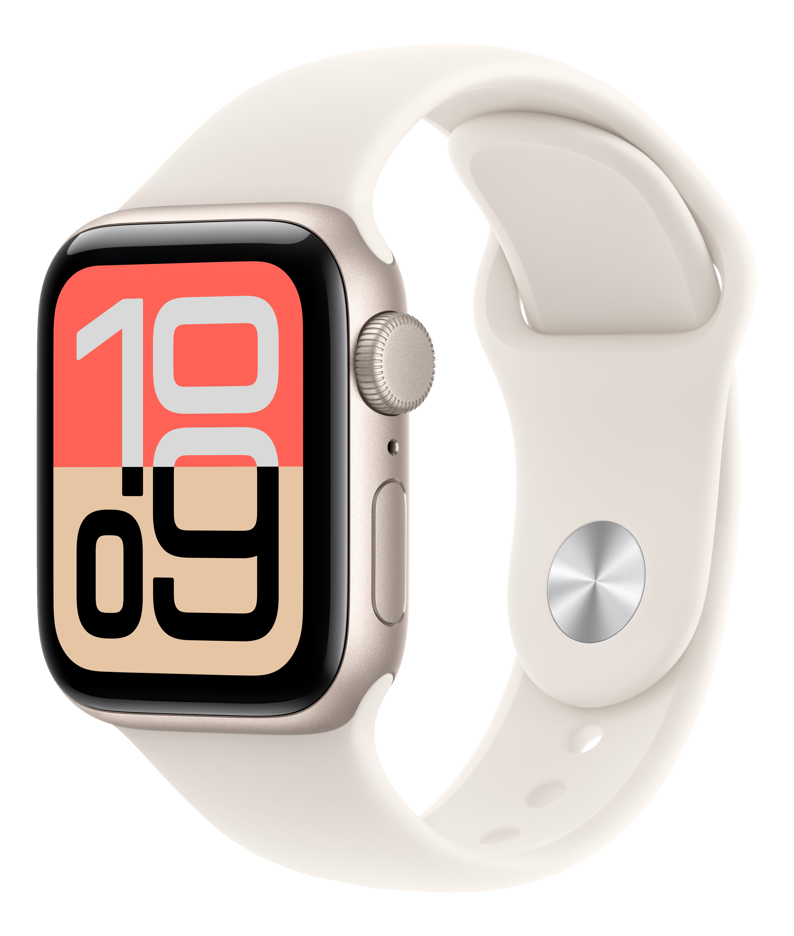 Apple Watch SE avec bracelet crème. Le cadran affiche l'heure 10:09. Fond noir. La montre est légèrement inclinée.
