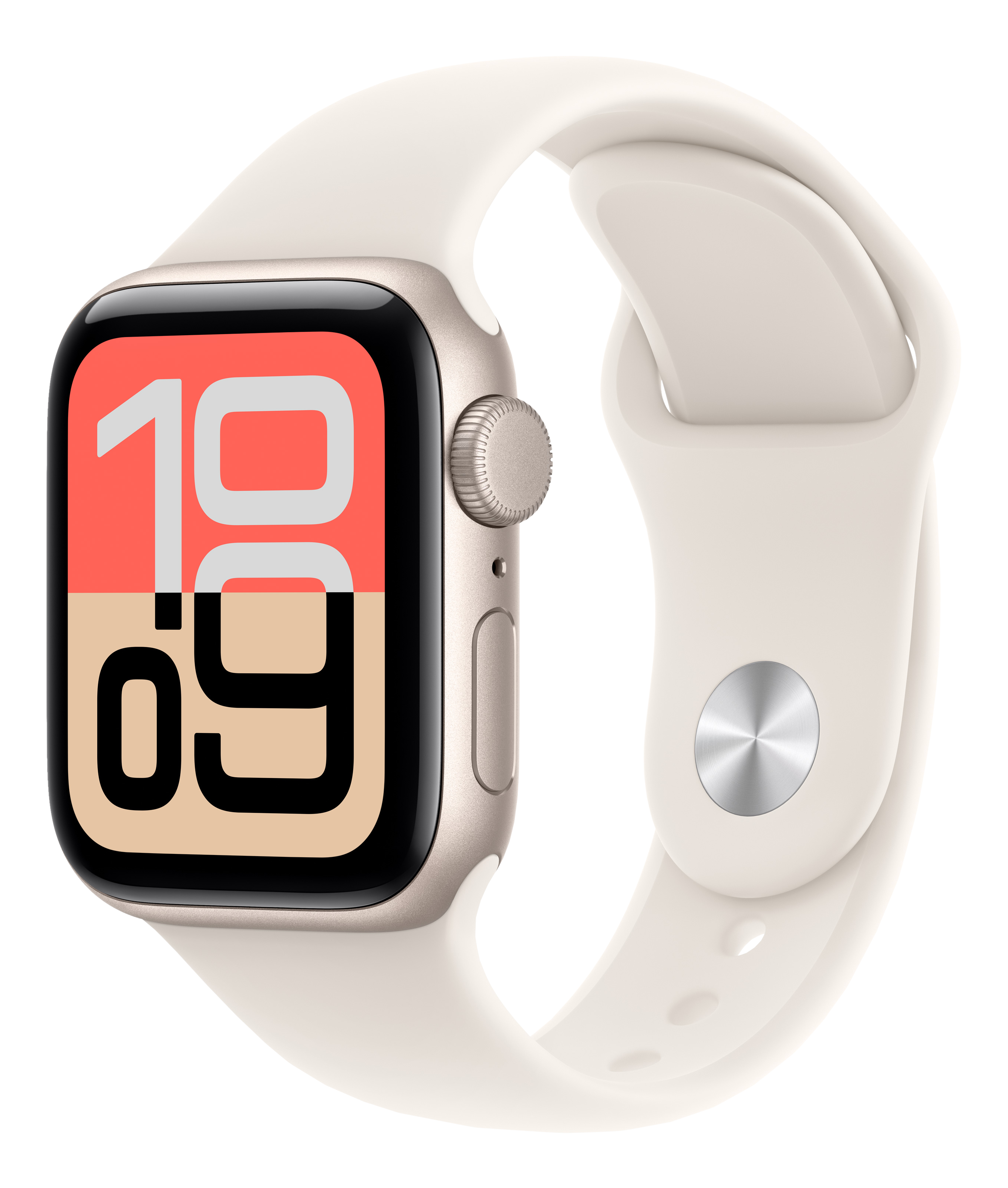 Une Apple Watch avec un bracelet crème. Le cadran affiche l'heure 10:09. Le fond est noir.