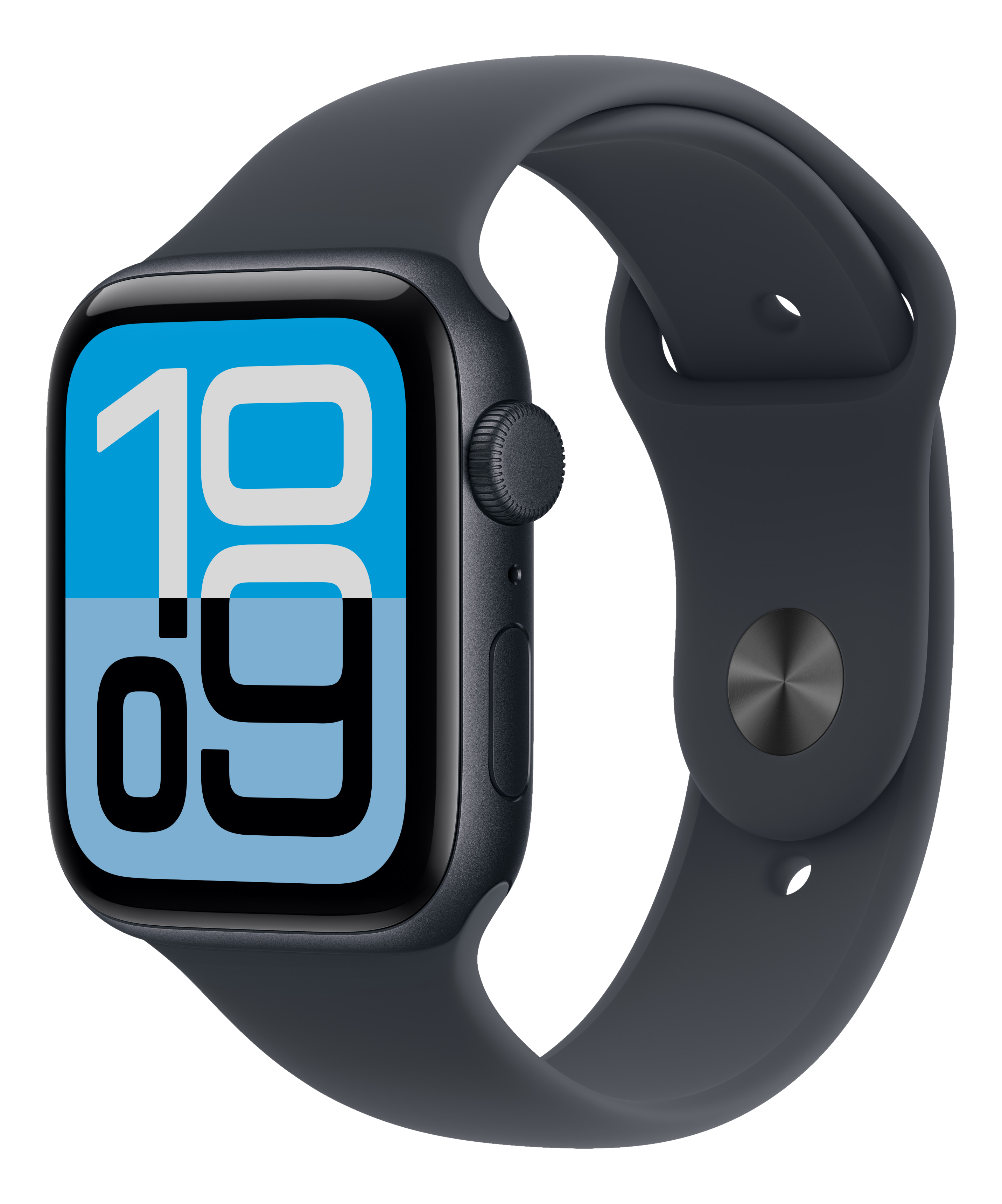 Un Apple Watch grigio scuro mostra l'ora 10:09 su uno schermo blu. Il cinturino è grigio scuro.