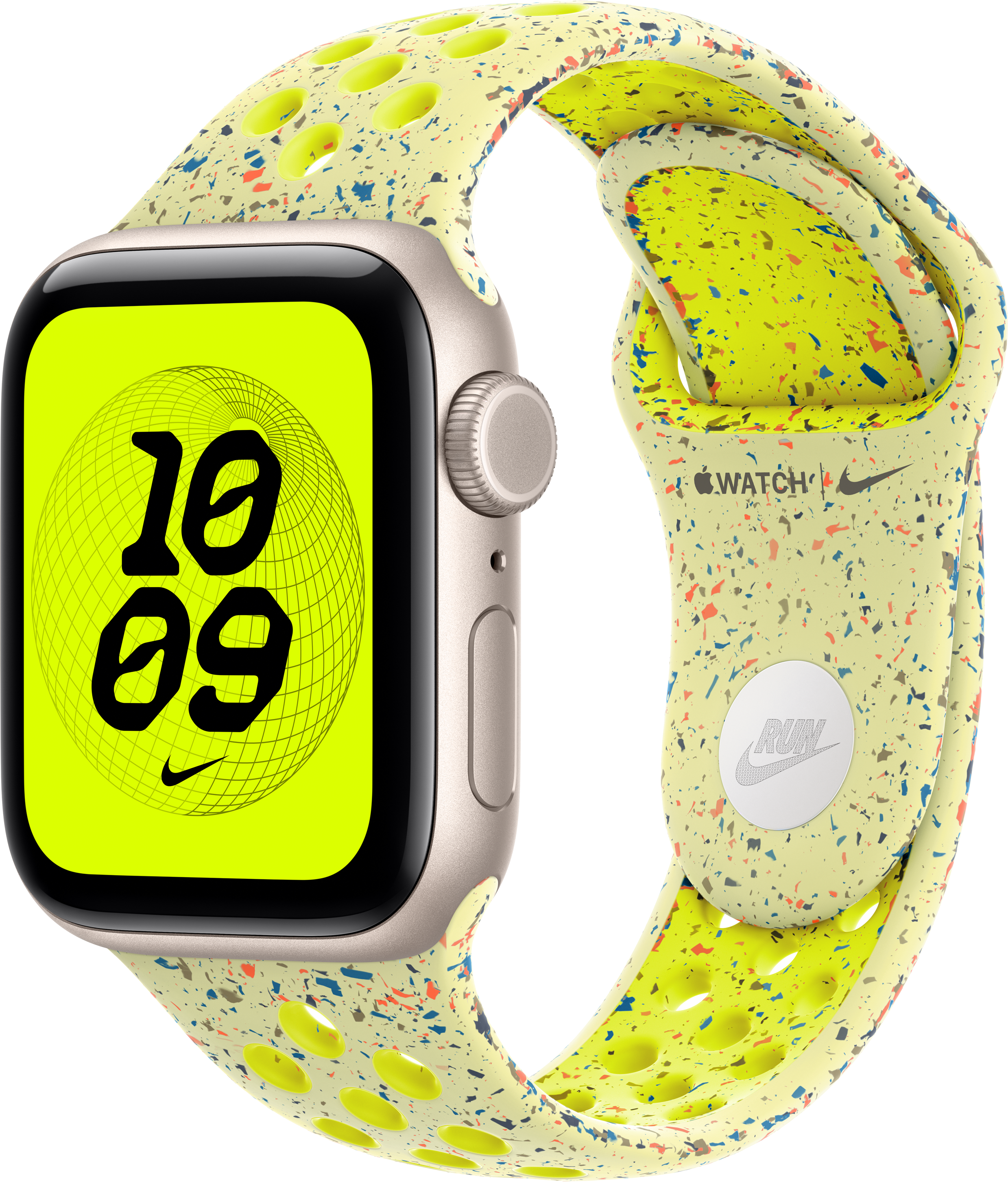 Apple Watch mit neongrünem Zifferblatt, das 10:09 anzeigt. Uhrenarmband ist gelb mit farbigen Sprenkeln. Nike-Logo vorhanden.
