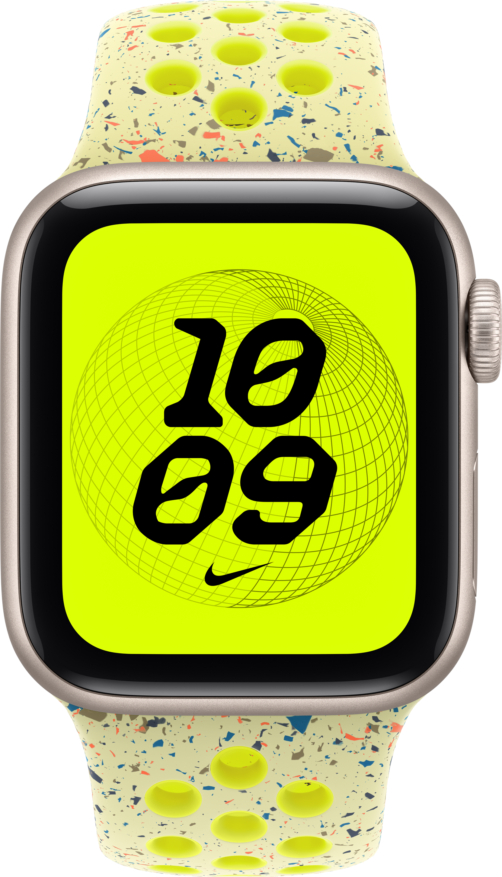 Un Apple Watch con quadrante giallo, che mostra l'ora 10:09. Ha un cinturino maculato e una cassa argentata.