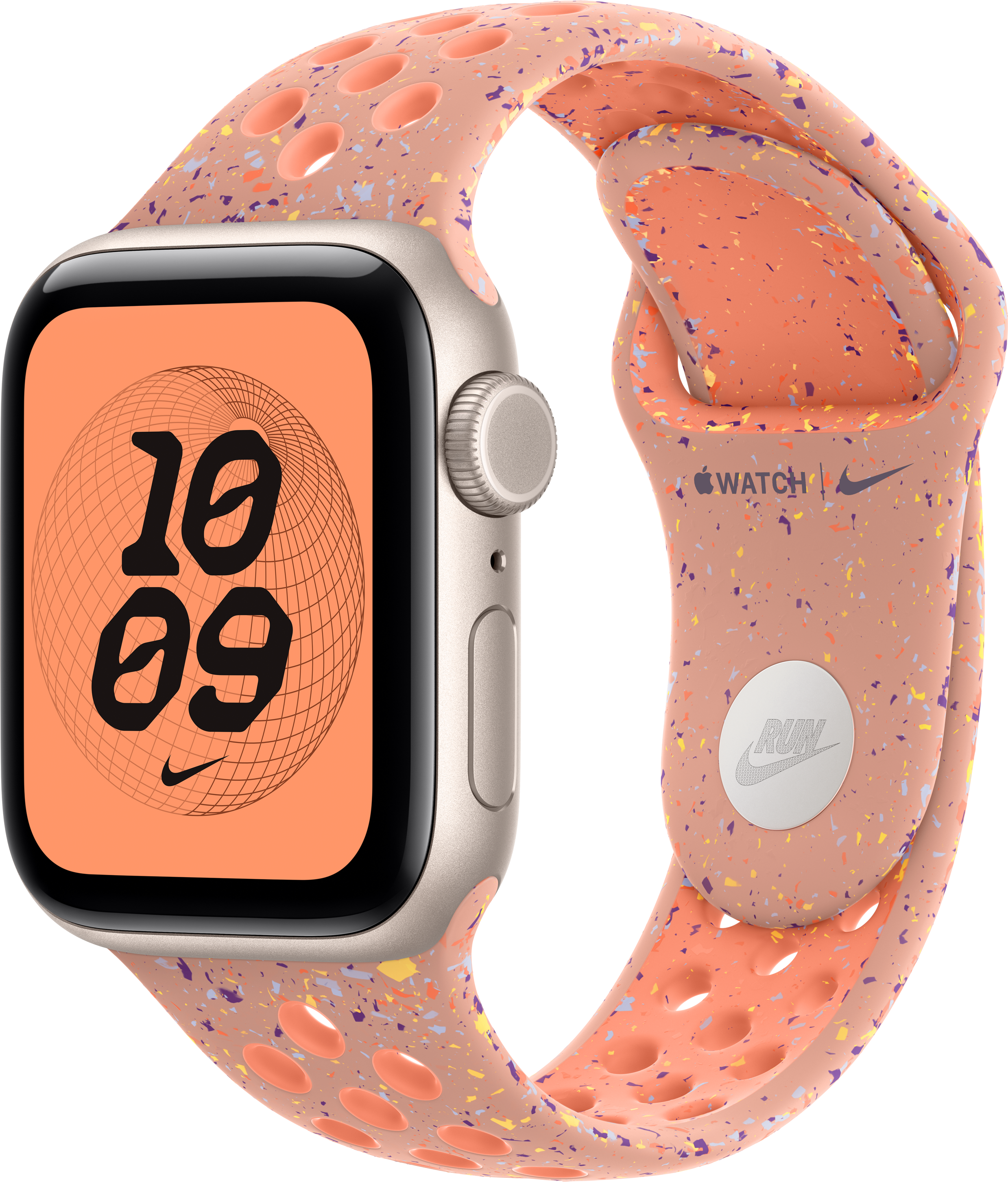 Une Apple Watch avec un bracelet pêche. Le cadran affiche l'heure, 10h09. Le bracelet a des trous et des mouchetures multicolores.