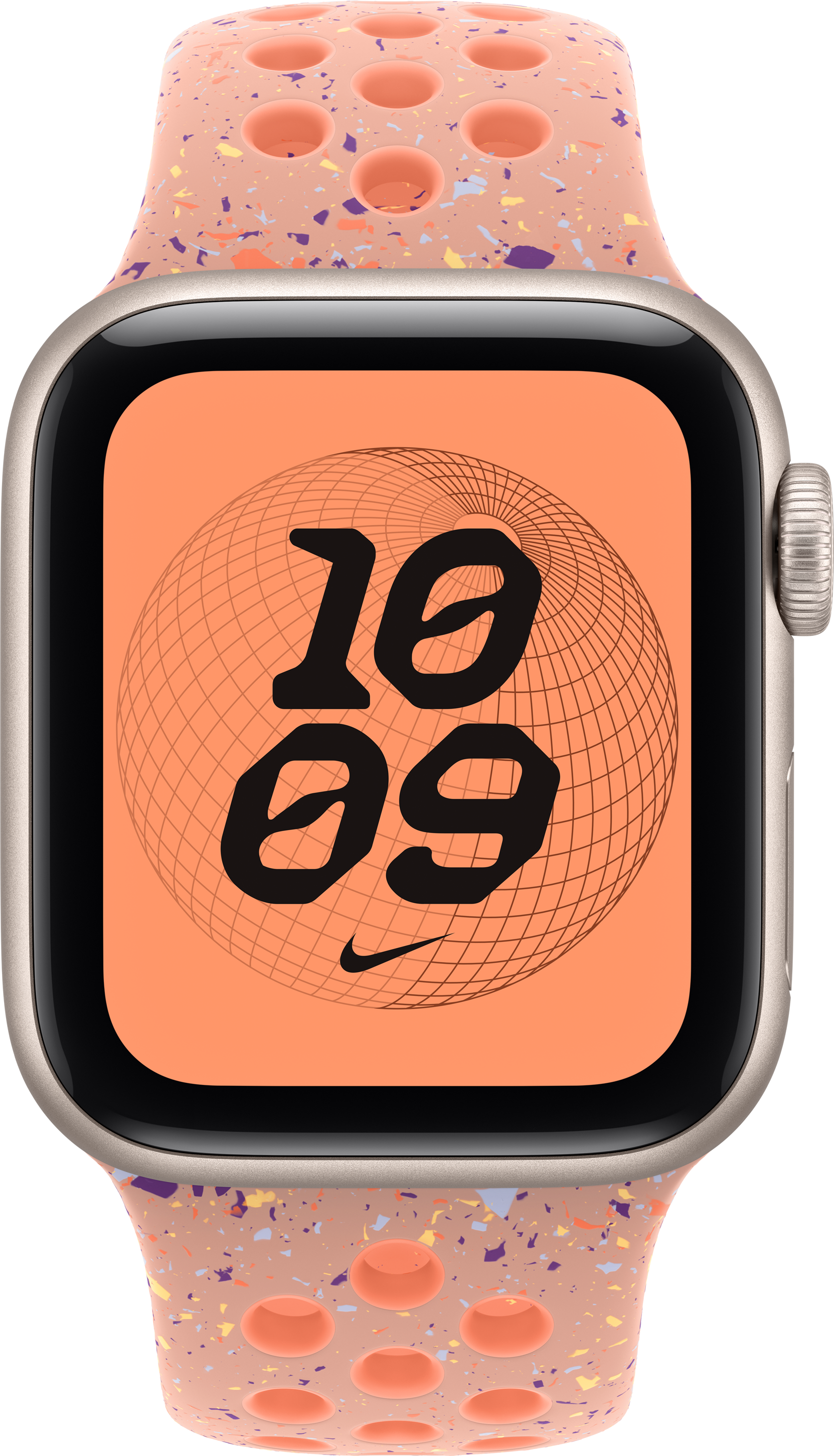 Apple Watch avec bracelet pêche. Le cadran affiche l'heure 10h09. Le bracelet a des trous et des mouchetures colorées. Fond noir.