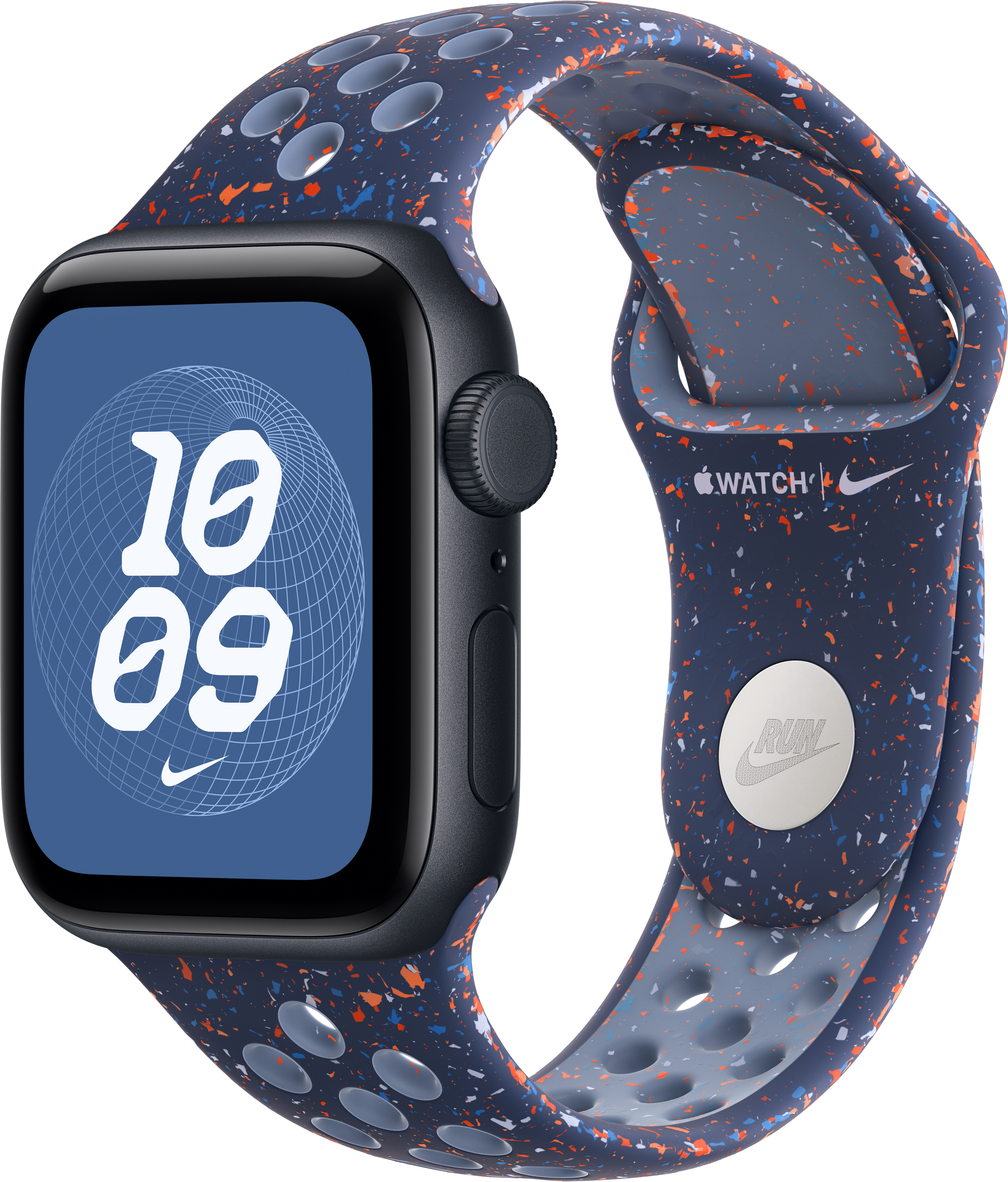 Schwarze Apple Watch mit gesprenkeltem blauen Armband. Die Uhr zeigt die Zeit 10:09 an. Nike-Logo sichtbar.