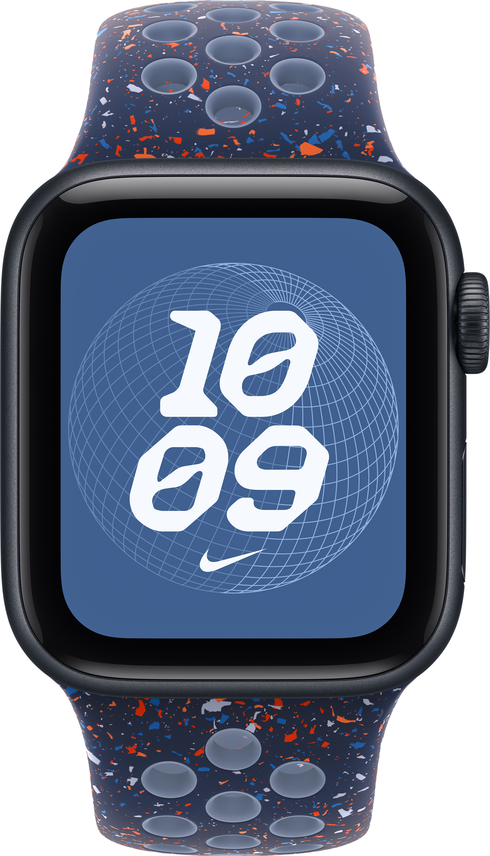 Eine Apple Watch mit einem blau-orangenen, gesprenkelten Armband. Das Zifferblatt zeigt 10:09 über einer Weltkarten-Grafik. Nike-Logo sichtbar.