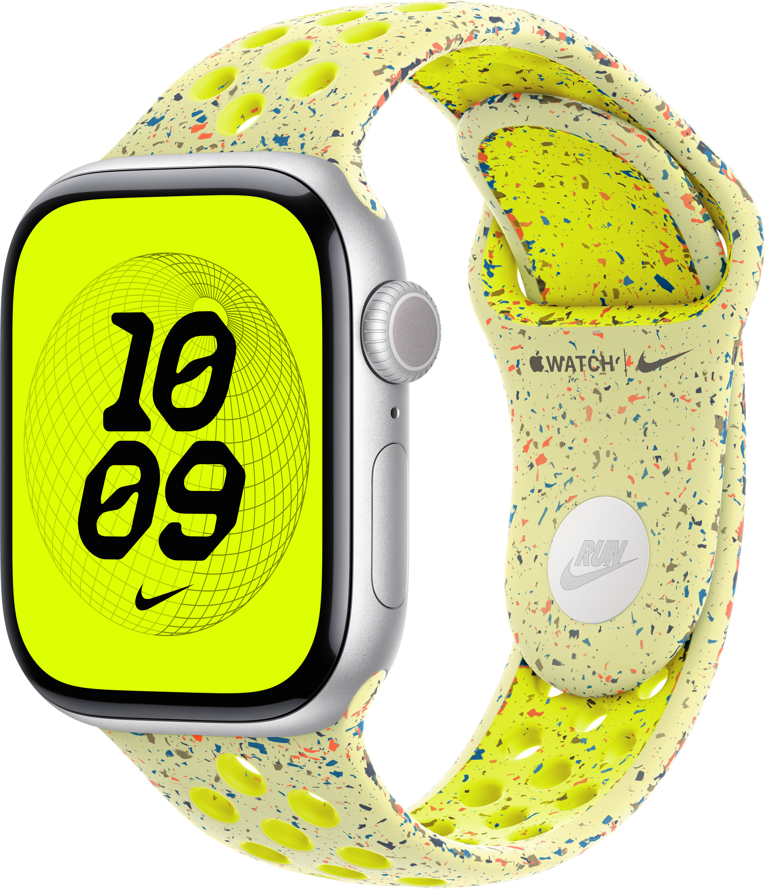 Eine silberne Apple Watch mit neongelbem Bildschirm, der die Zeit anzeigt, gepaart mit einem gesprenkelten gelben Armband.