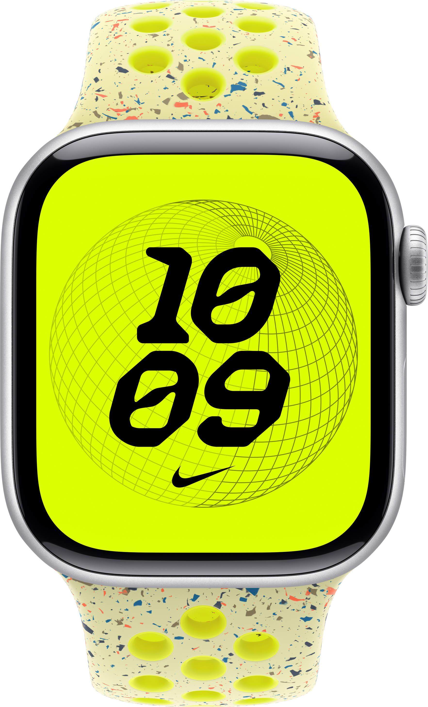 Apple Watch mit neongelbem Bildschirm, der die Uhrzeit 10:09 anzeigt. Das Armband ist cremefarben mit bunten Sprenkeln.