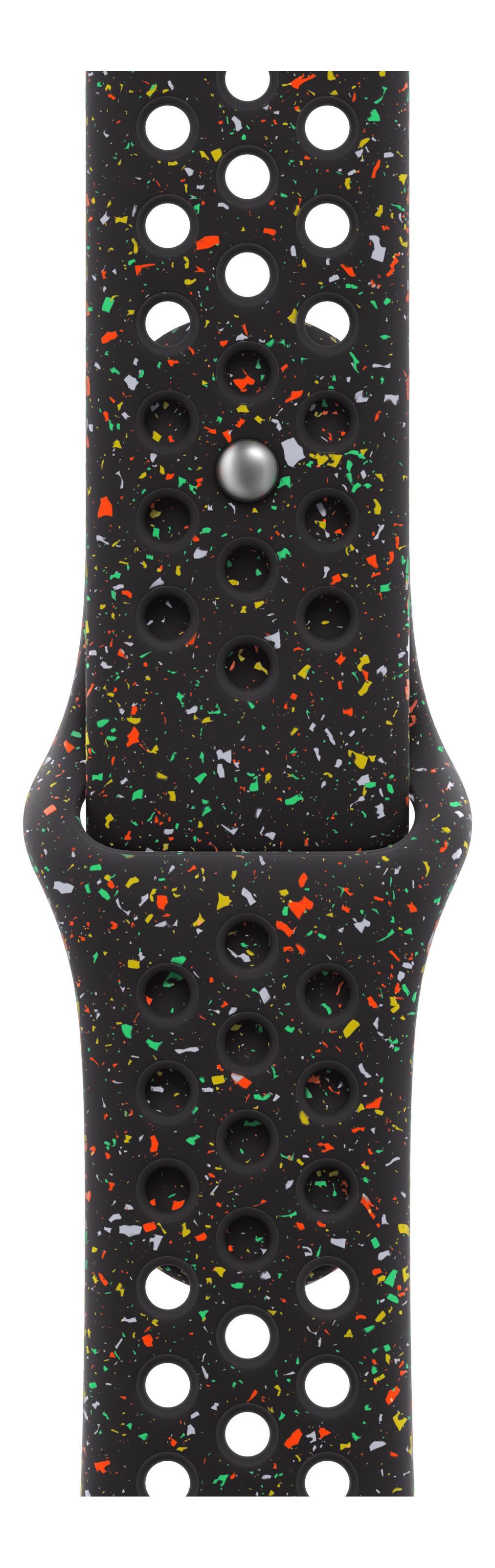Bracelet de montre noir avec des mouchetures colorées et des trous circulaires, fermoir en métal. Le motif comprend orange, vert, jaune et blanc.
