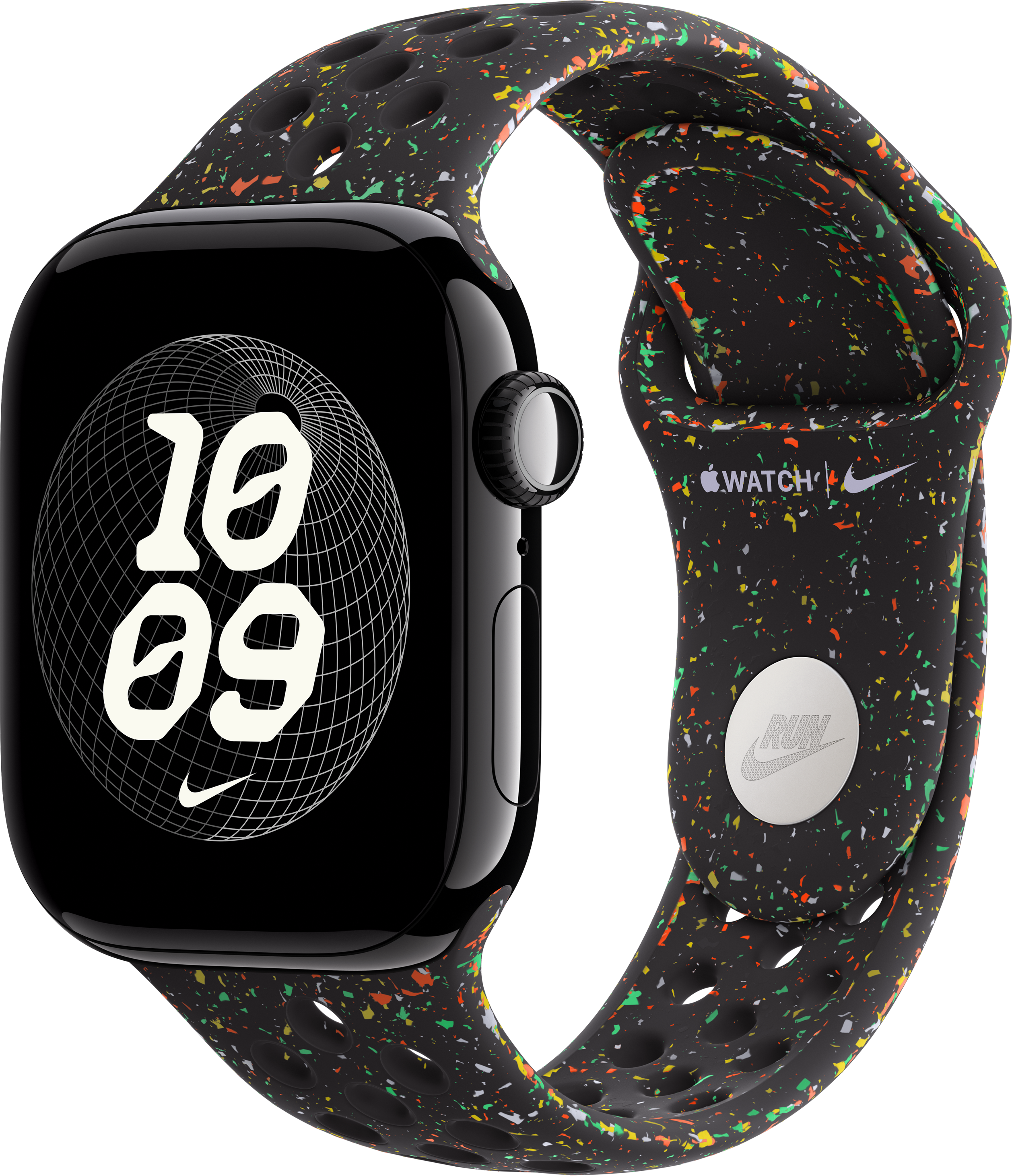 Une Apple Watch avec un boîtier noir et un bracelet noir moucheté. Le cadran affiche l'heure.