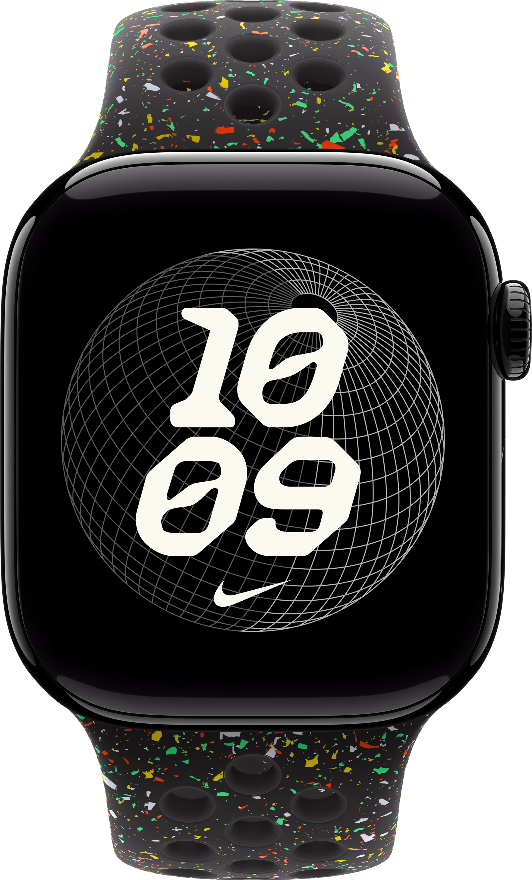 Montre connectée noire avec un bracelet moucheté. L'écran affiche '10 09' en blanc, avec le logo Nike.