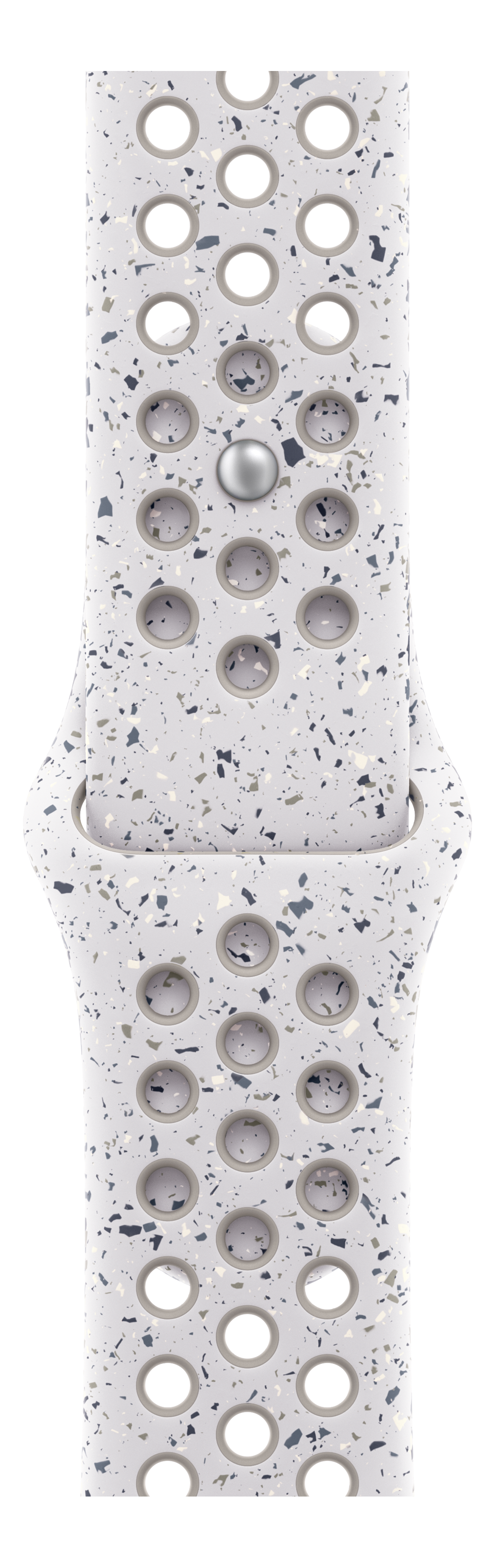 Ein weißes Uhrenarmband mit Löchern und einem gesprenkelten Muster aus Grau, Schwarz und Beige. Ein silberner Knopf ist vorhanden.