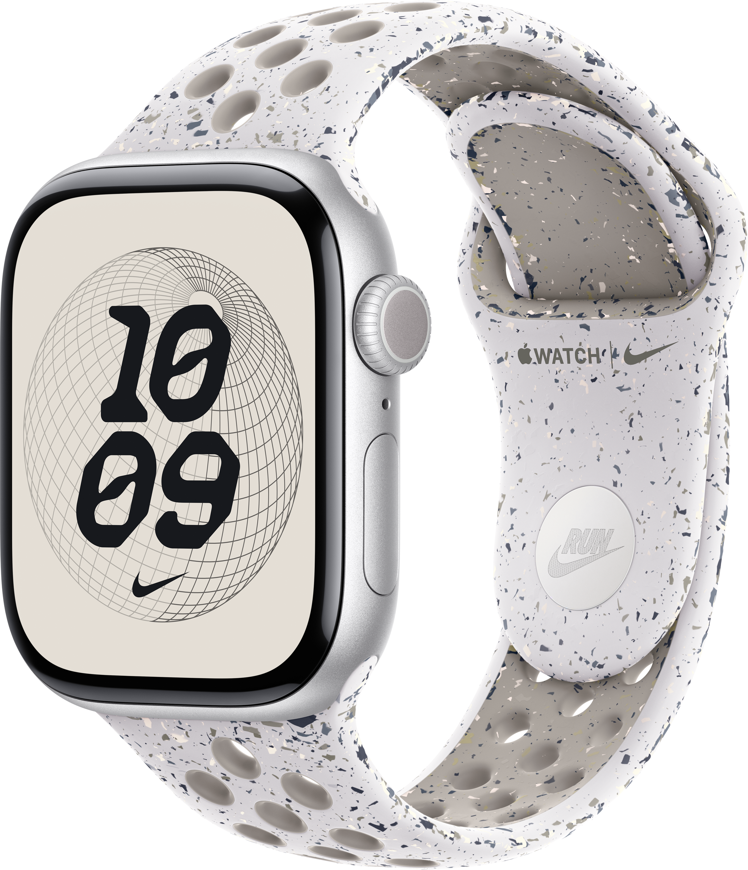 Silberne Apple Watch mit weißem, gesprenkeltem Armband. Das Zifferblatt zeigt die Uhrzeit 10:09 über einem Raster mit dem Nike-Logo.