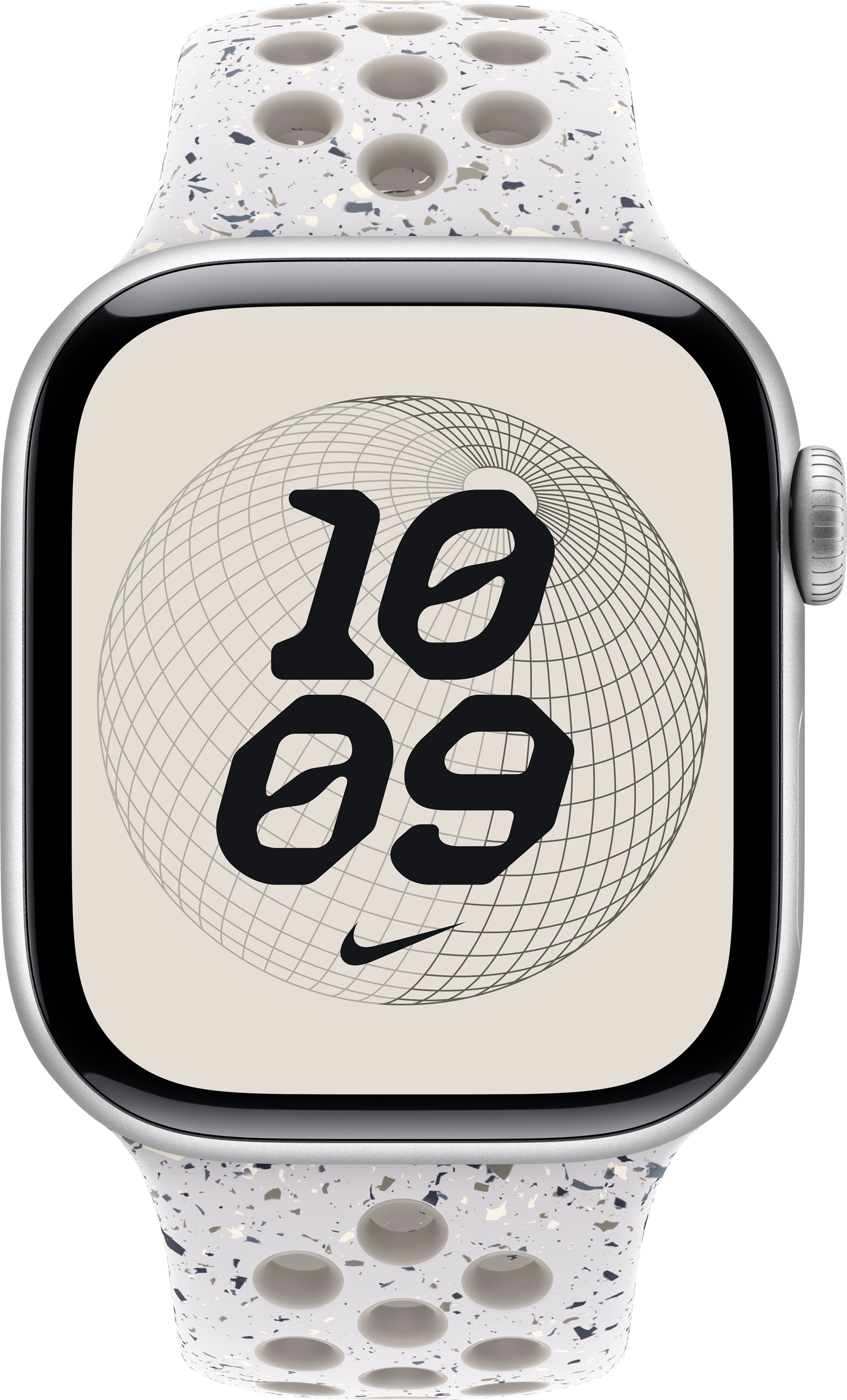 Un Apple Watch argento con cinturino bianco maculato. Il quadrante mostra l'ora 10:09 con il logo Nike e un globo.