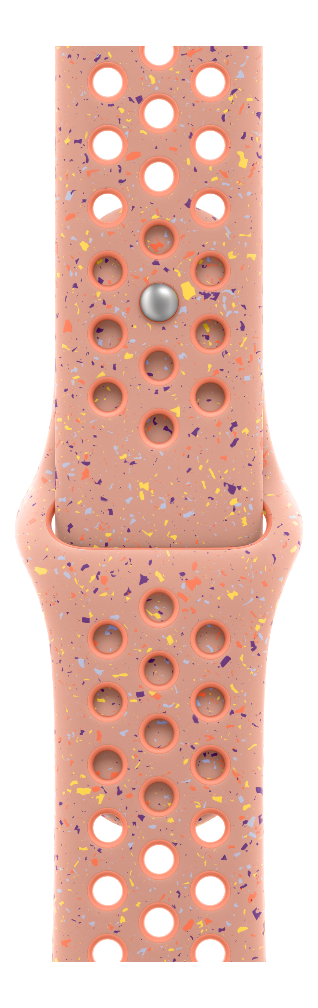Un bracelet de montre pêche avec trous et fermoir argenté. Motifs mouchetés de différentes couleurs.