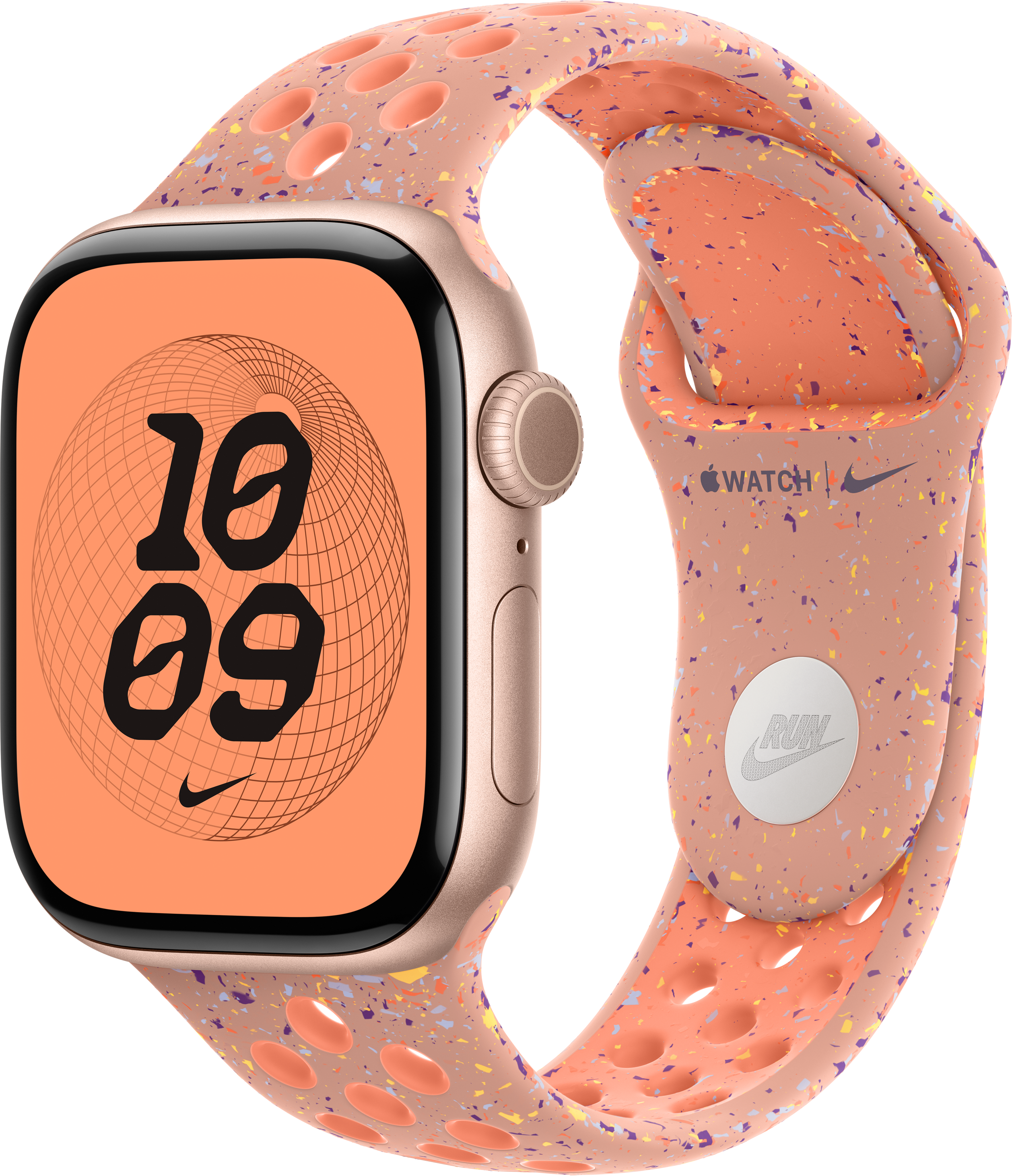 Apple Watch avec bracelet rose, moucheté de taches colorées. Le cadran affiche l'heure. Le logo et la marque Nike sont visibles.