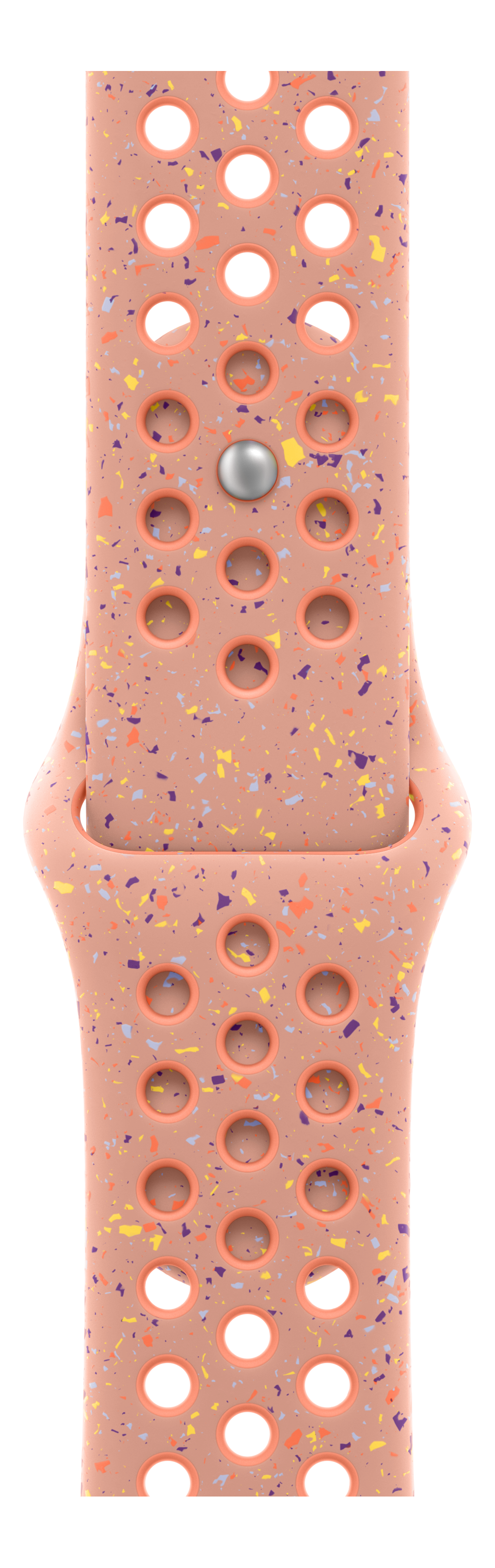 Un bracelet de montre pêche avec des trous, moucheté d'orange, de violet, de jaune et de bleu. Une goupille métallique au centre.