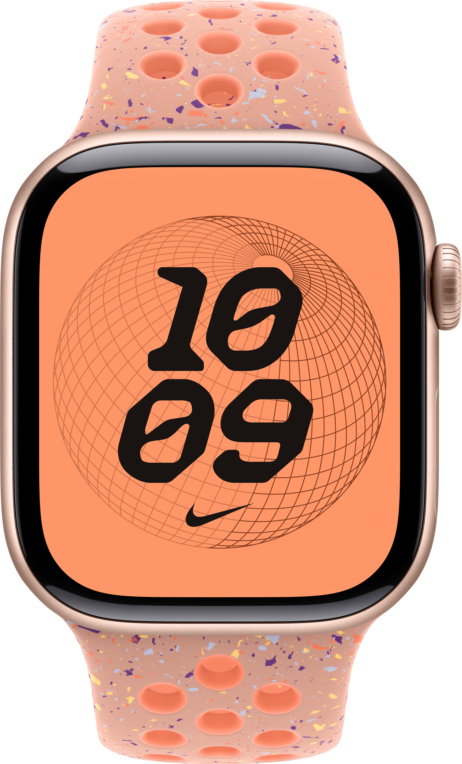 Une Apple Watch avec un cadran pêche affichant 10h09. Le bracelet est pêche avec des mouchetures colorées.