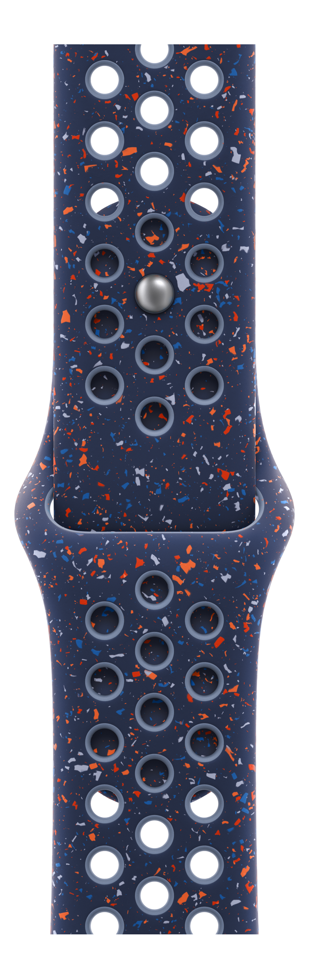 Dunkelblaues Armband mit orangefarbenen, weißen und blauen Sprenkeln. Es hat Löcher und eine silberne Schließe.