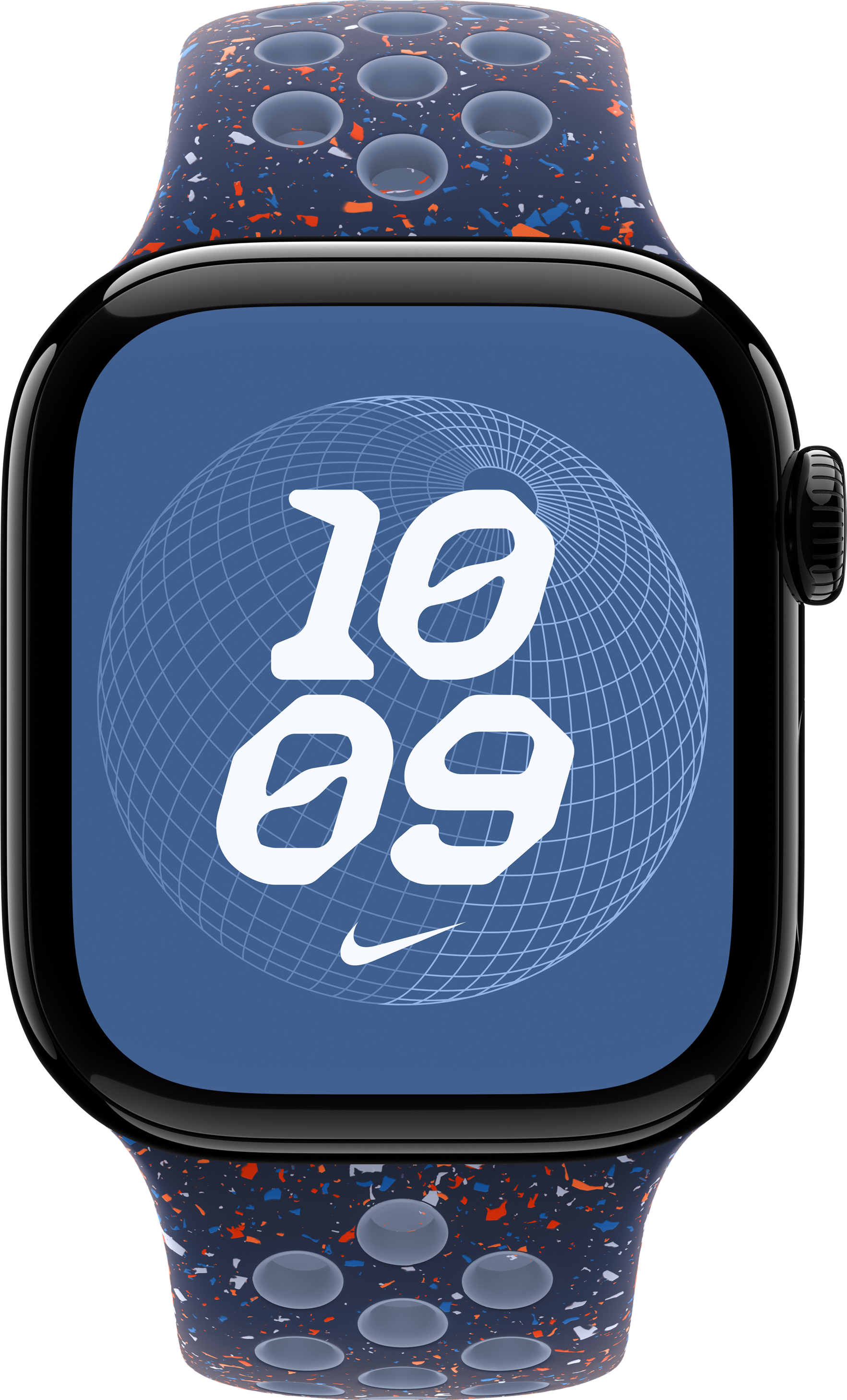 Eine schwarze Apple Watch zeigt die Uhrzeit 10:09 auf einem blauen Zifferblatt mit Nike-Logo. Das Armband ist marineblau mit orangefarbenen und weißen Sprenkeln.