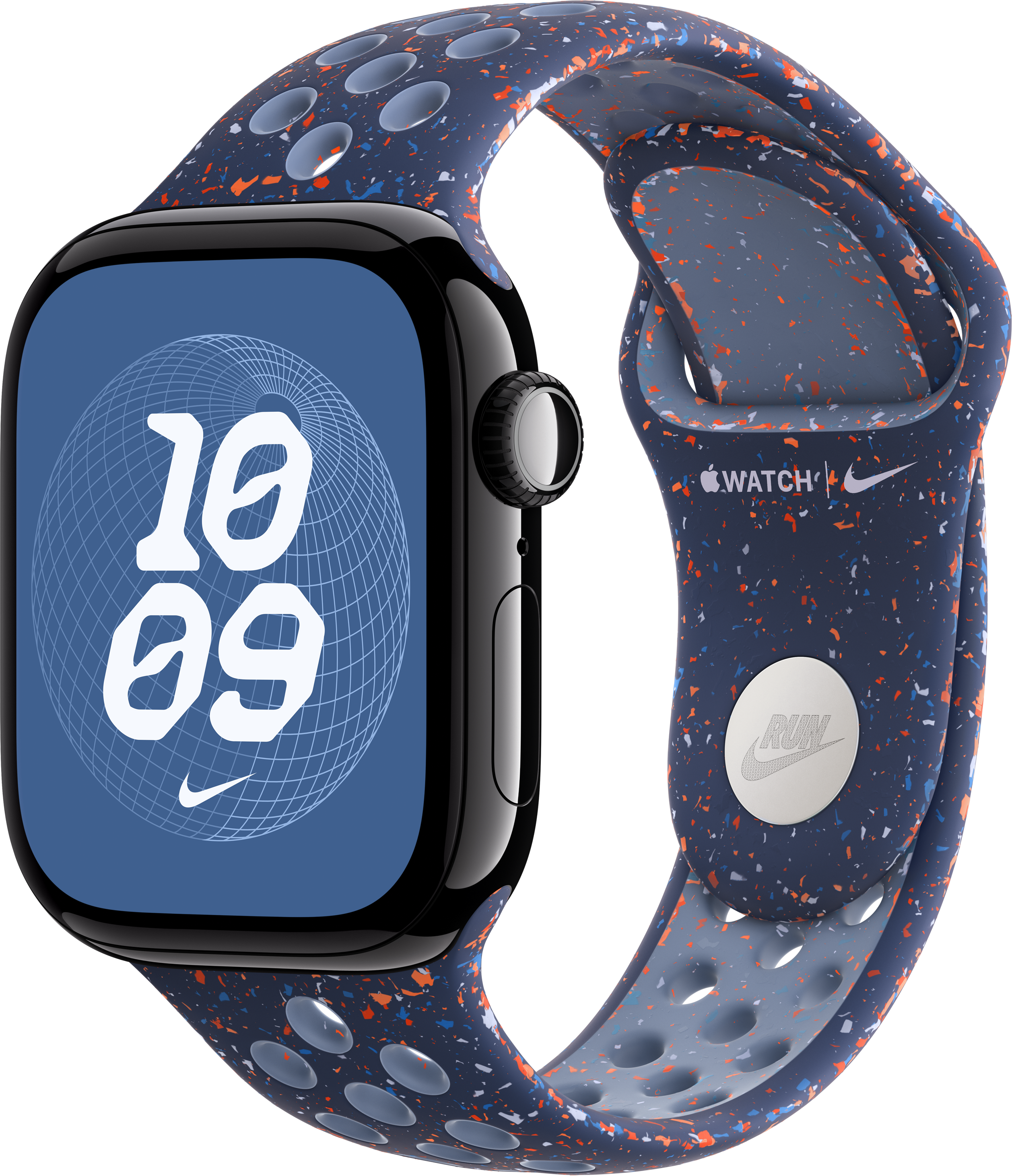 Apple Watch con cinturino blu maculato. Il quadrante mostra le ore 10:09. Logo Nike presente.