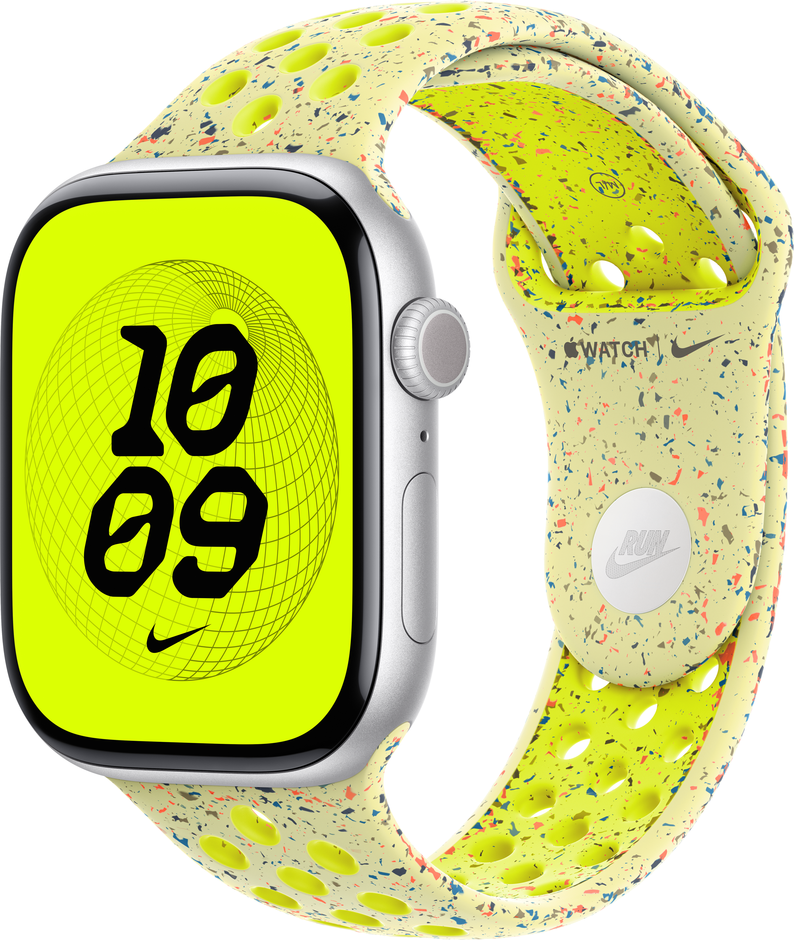 Silberne Apple Watch mit neongrünem Bildschirm, der 10:09 anzeigt. Das Armband ist gelb mit bunten Flecken und Perforationen.