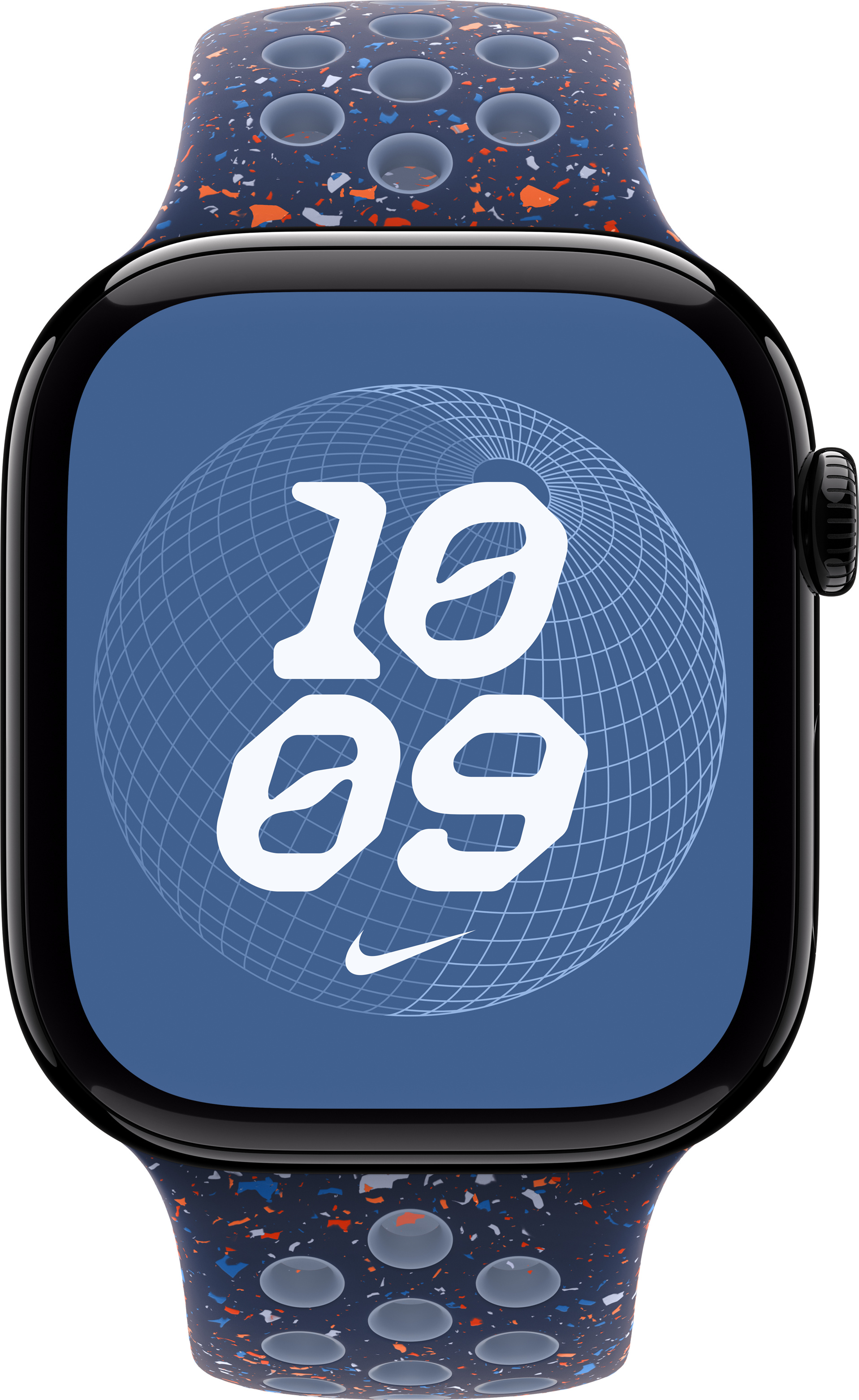 Eine Smartwatch mit blauem Zifferblatt, das "10:09" und ein Nike-Logo zeigt, auf einem marinefarbenen Armband mit orangefarbenen und blauen Sprenkeln.