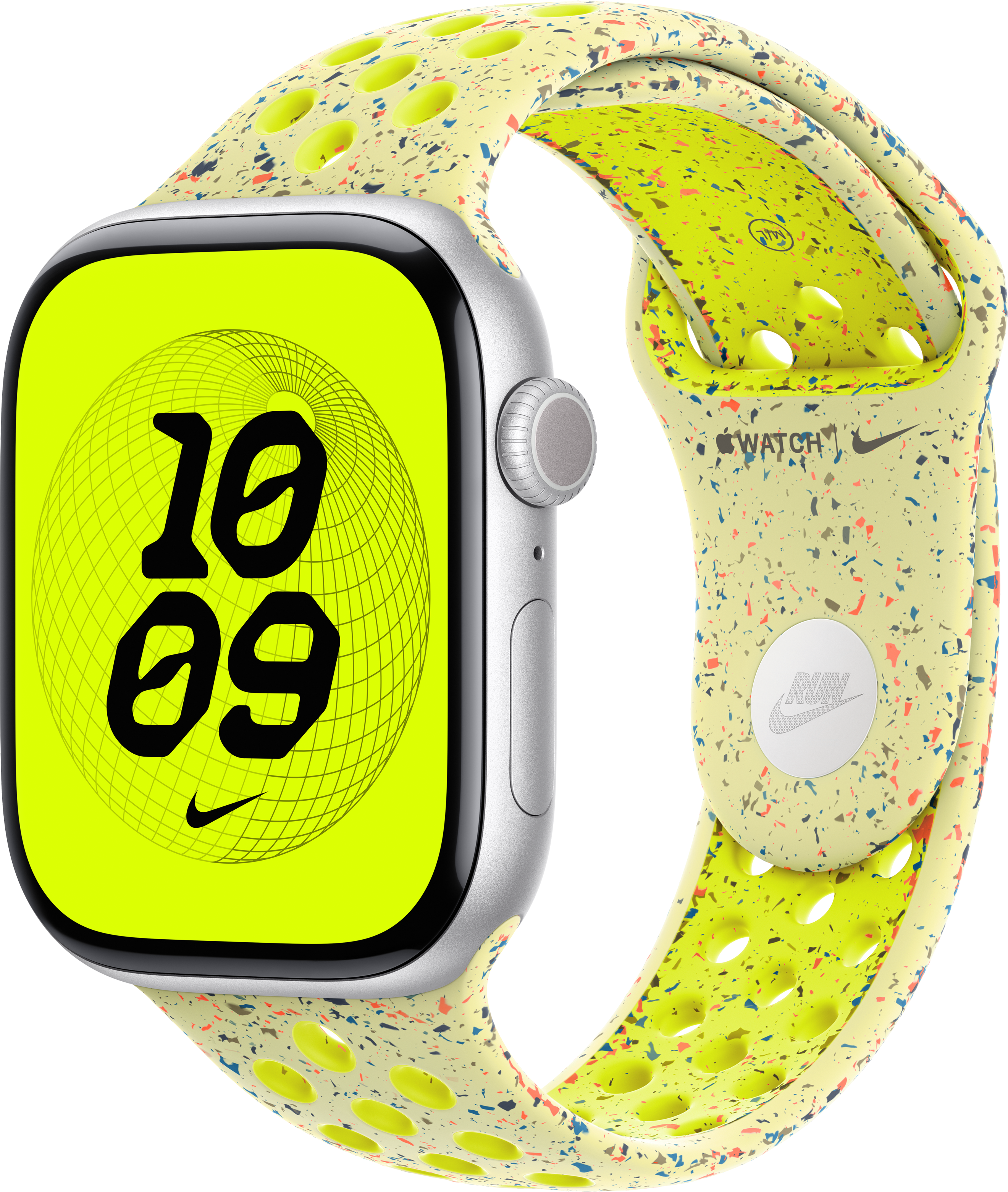 Apple Watch argentato con quadrante verde neon che mostra le 10:09. Il cinturino è giallo con macchie colorate e logo Nike.