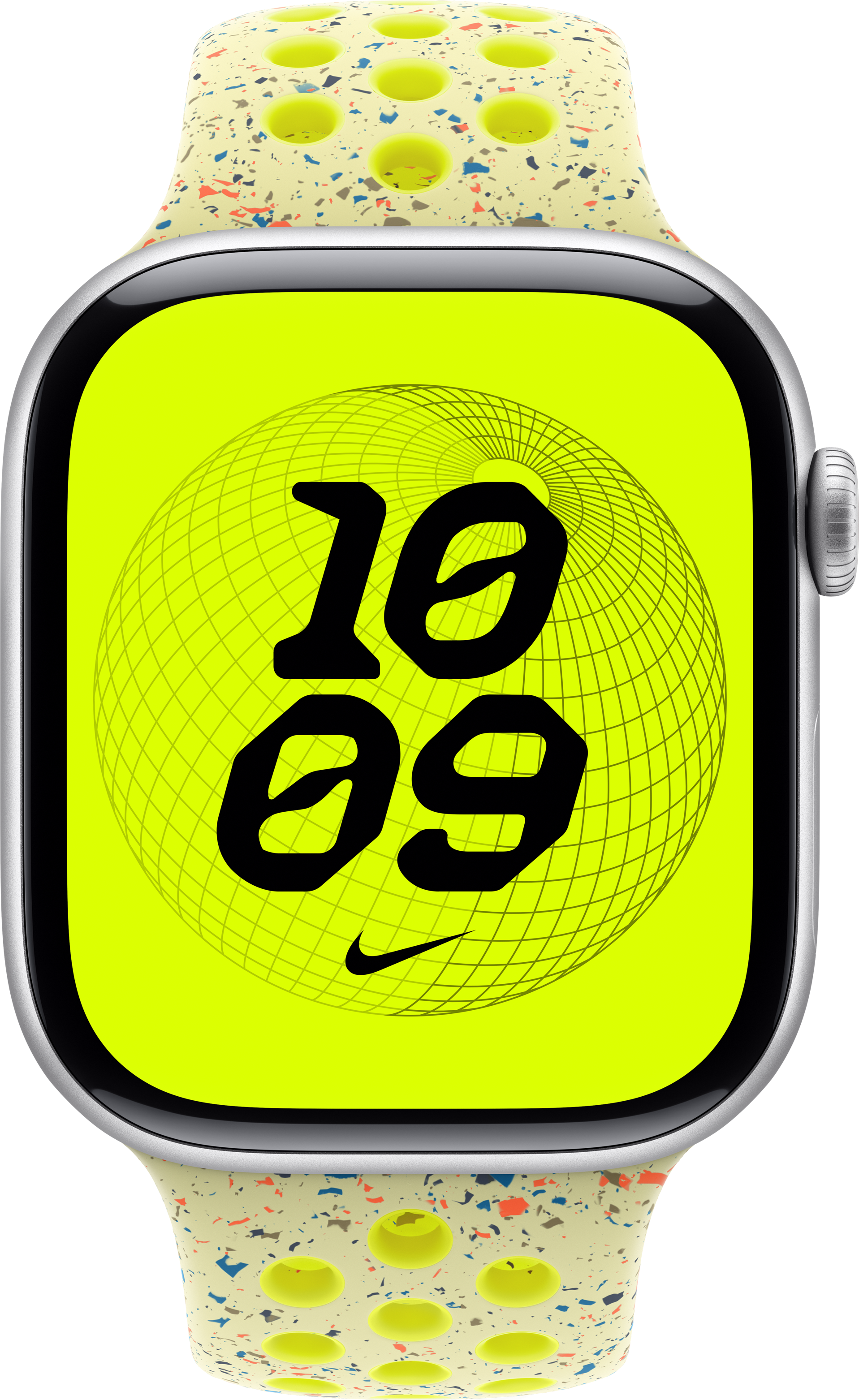 Apple Watch con schermo verde neon che mostra l'ora 10:09, con il logo Nike. Il cinturino è maculato.
