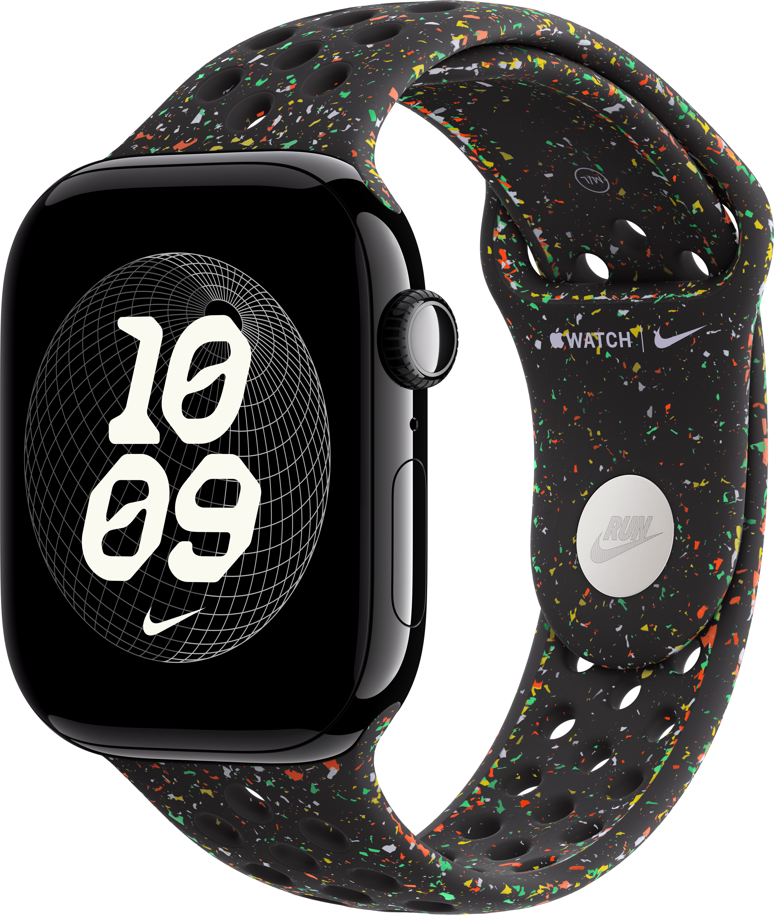 Eine Apple Watch mit schwarzem Gehäuse und einem gesprenkelten schwarzen Armband. Das Zifferblatt zeigt die Uhrzeit '10:09'.