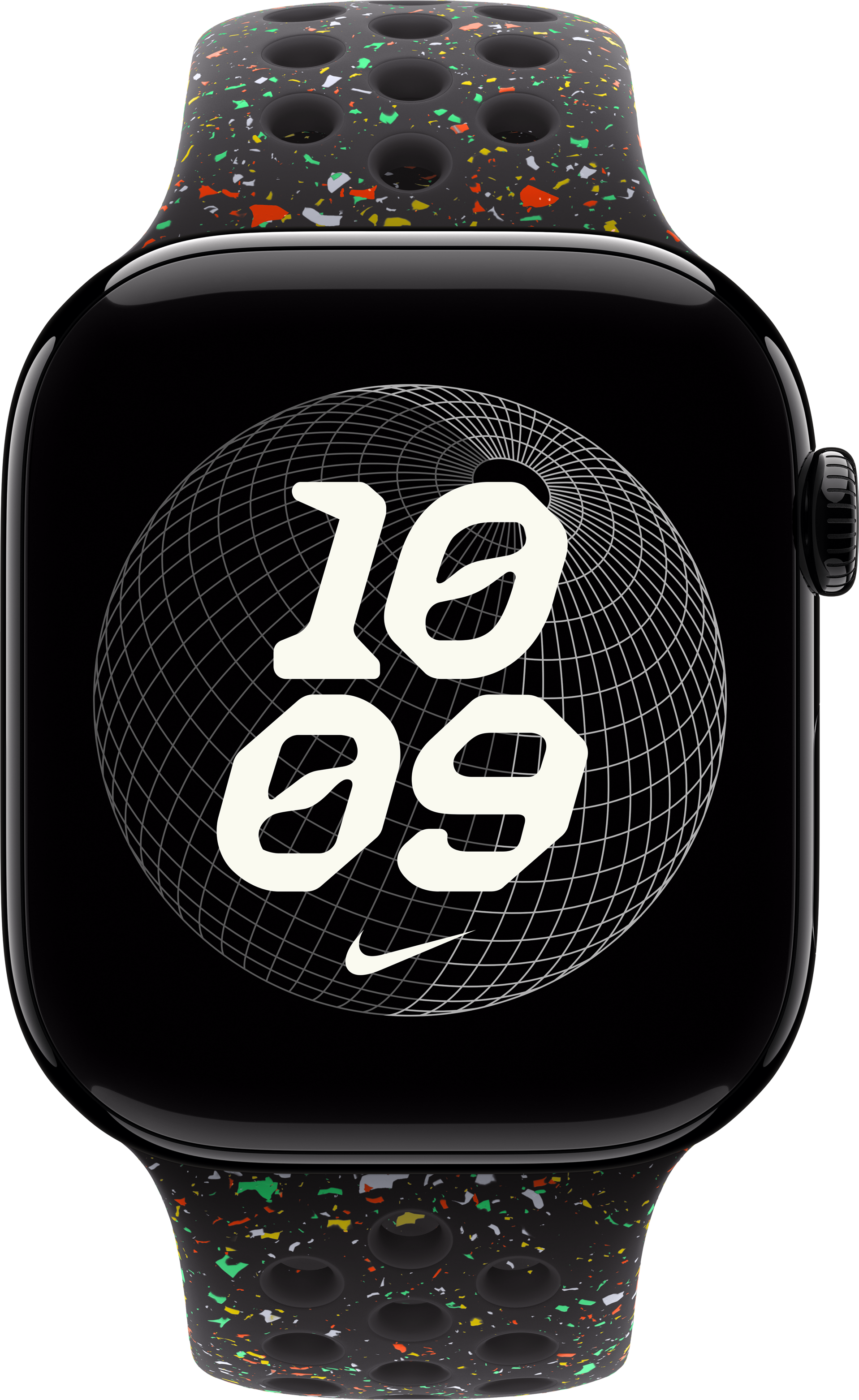 Schwarze Apple Watch zeigt 10:09 mit Nike-Logo. Das Armband ist schwarz mit bunten Flecken. Schwarzer Hintergrund.